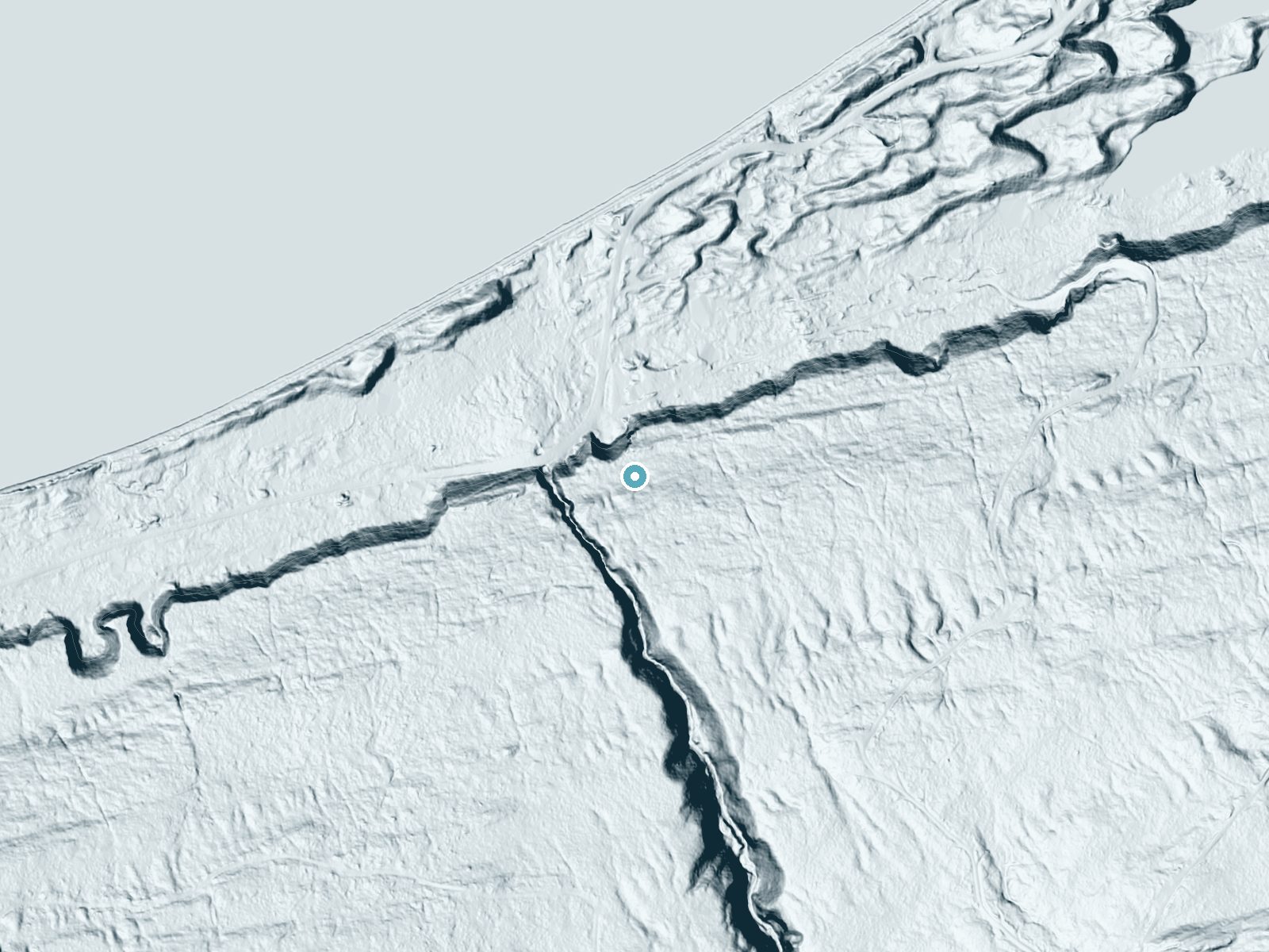 LiDAR bare-earth terrain around Jacobs Falls near Eagle River, Michigan, showing about 140 feet of drop, a steep tiered drop, facing north