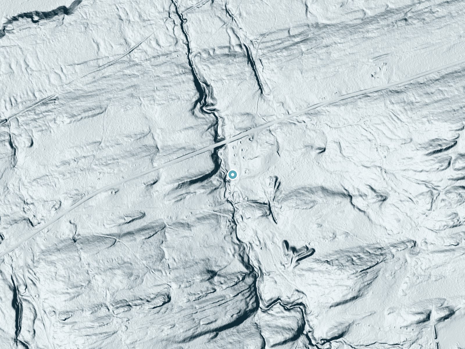 LiDAR bare-earth terrain around Copper Falls near Eagle Harbor, Michigan, showing about 64 feet of drop, a steep tiered drop, facing northwest