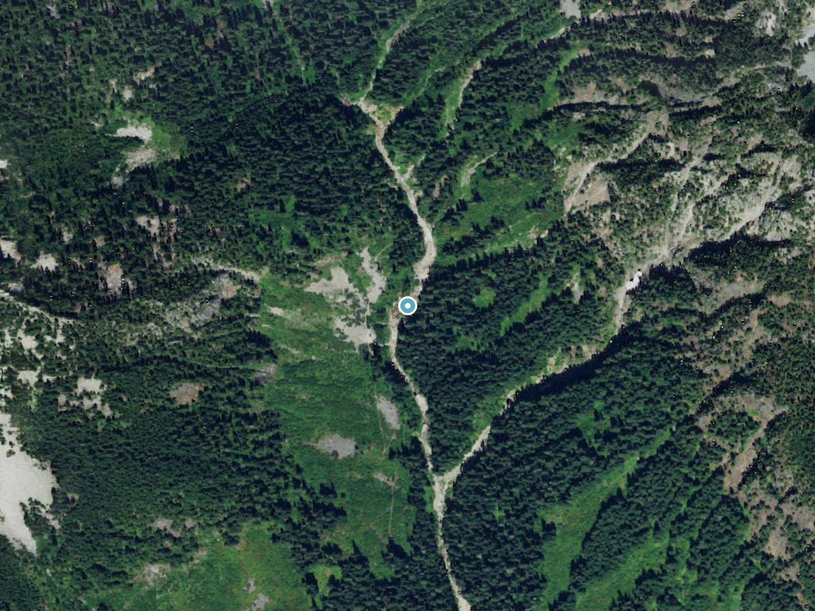 Aerial photo of the same ground around Keekwulee Falls near Snoqualmie Pass, Washington, for comparison with the lidar view