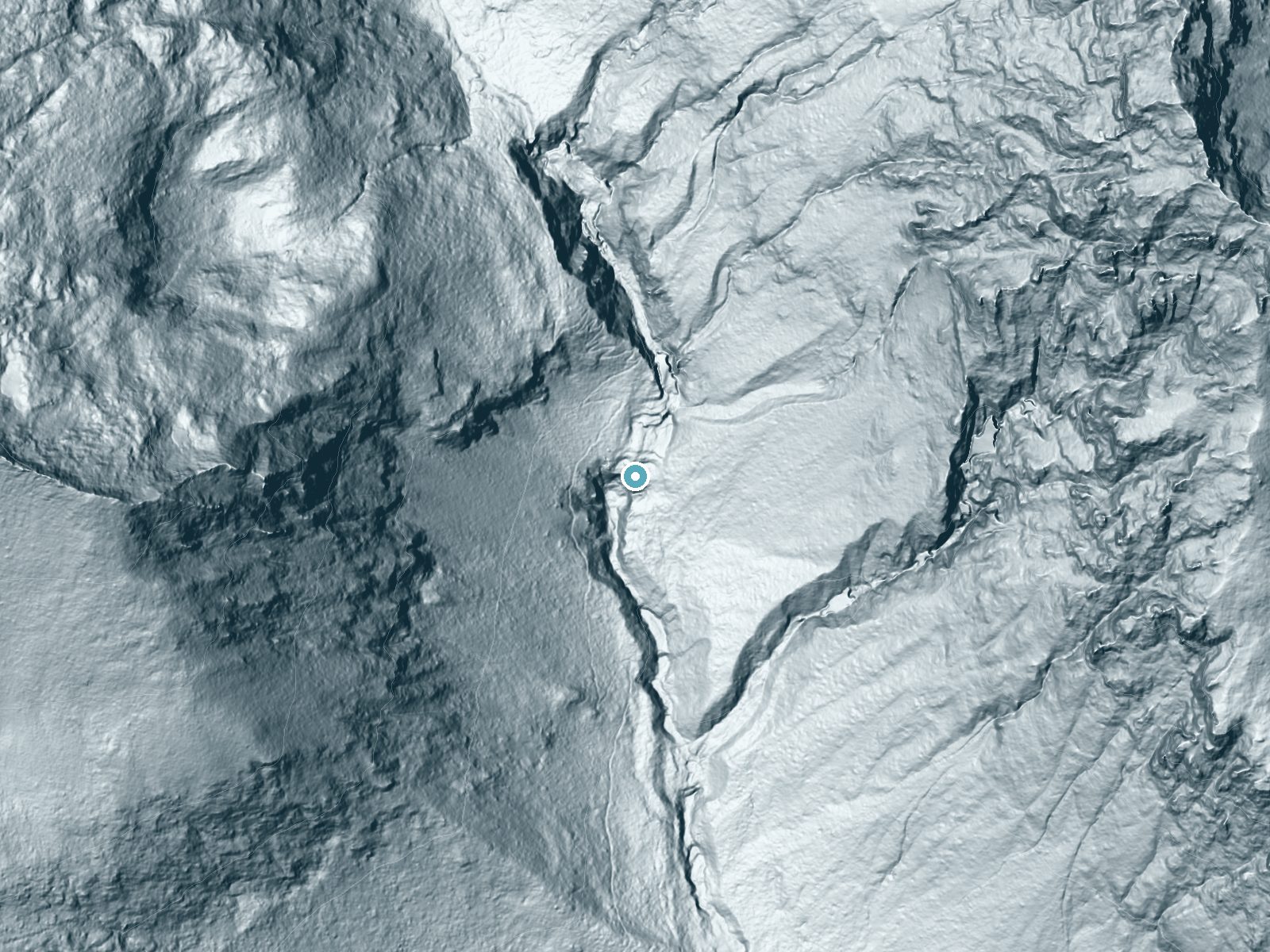 LiDAR bare-earth terrain around Keekwulee Falls near Snoqualmie Pass, Washington, showing about 243 feet of drop, a single sheer drop, facing south