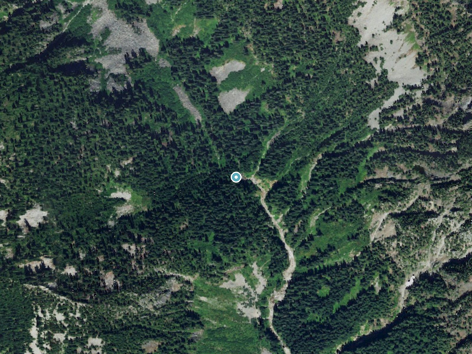 Aerial photo of the same ground around Snowshoe Falls near Snoqualmie Pass, Washington, for comparison with the lidar view