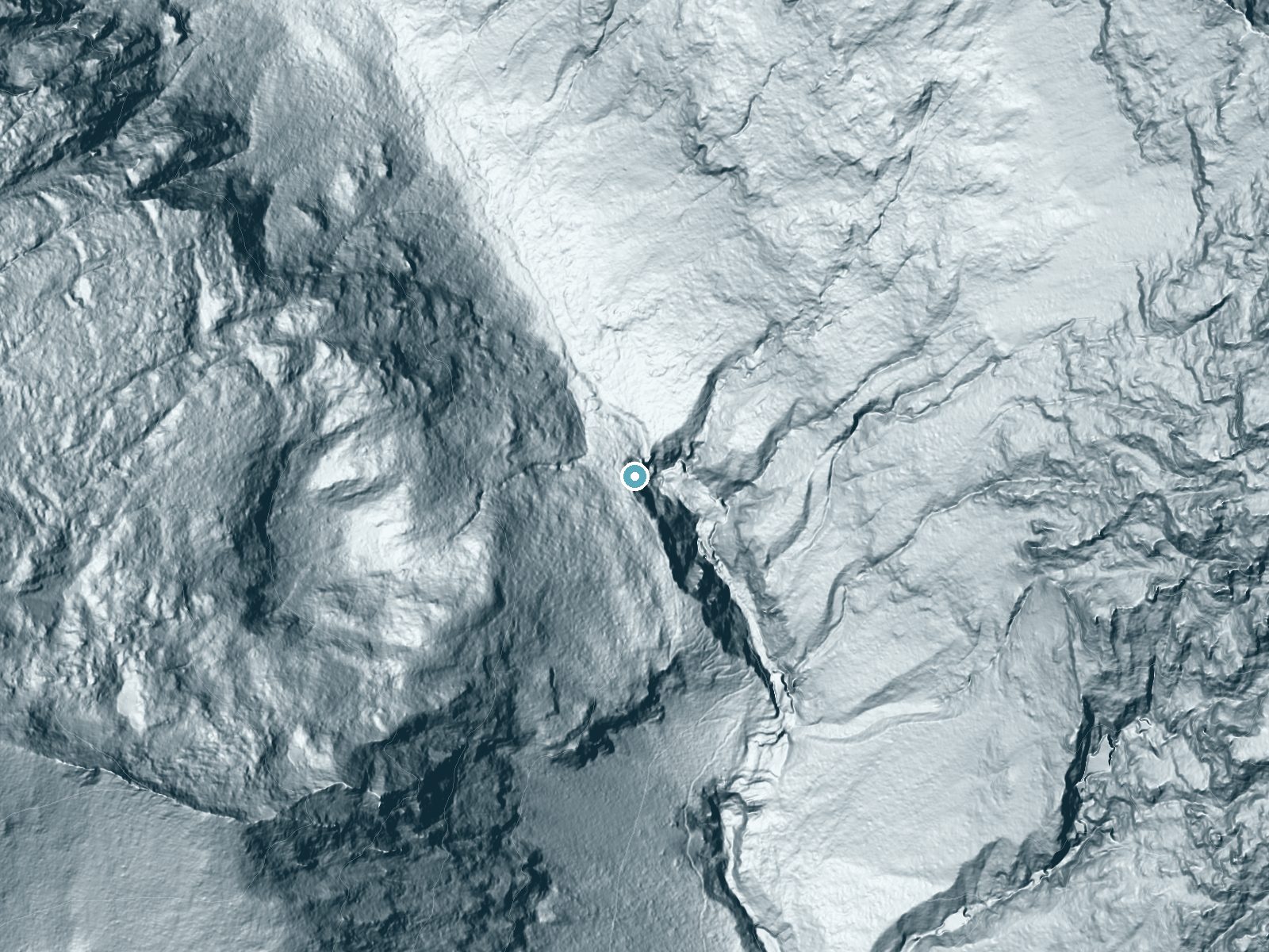 LiDAR bare-earth terrain around Snowshoe Falls near Snoqualmie Pass, Washington, showing about 275 feet of drop, a single sheer drop, facing east