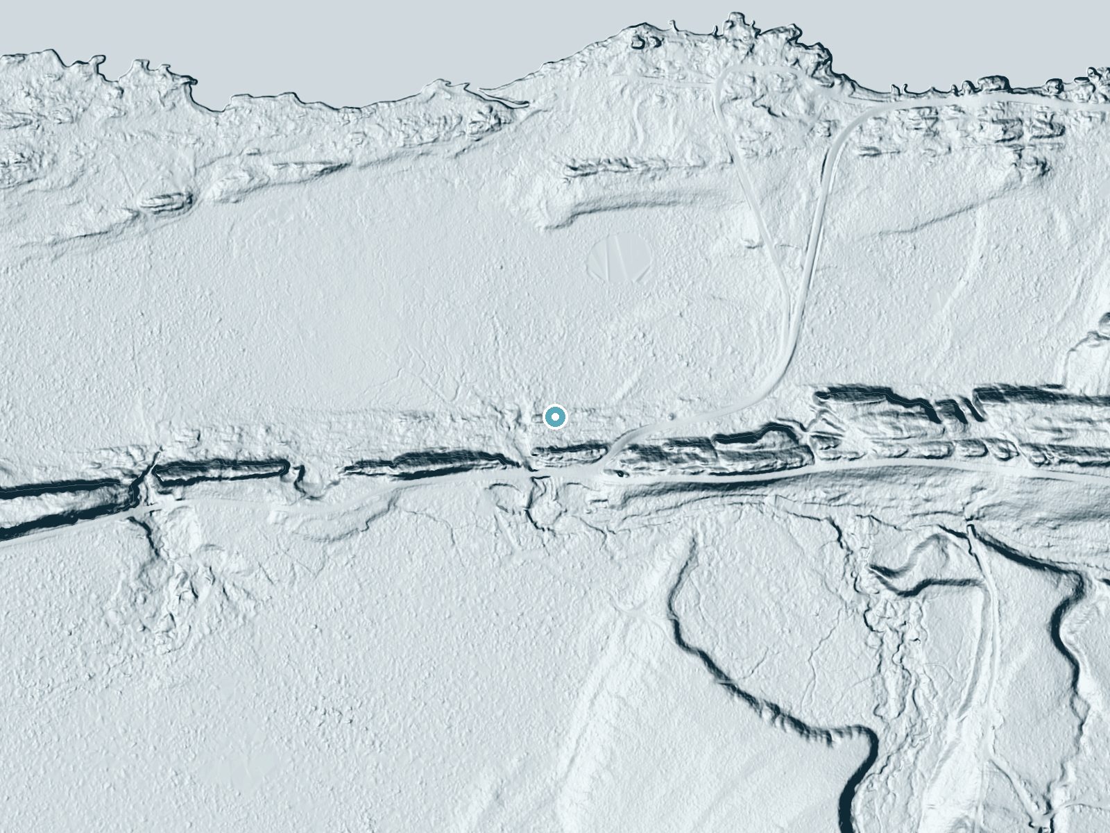 LiDAR bare-earth terrain around Silver River Falls near Eagle Harbor, Michigan, showing about 50 feet of drop, a steep tiered drop, facing north