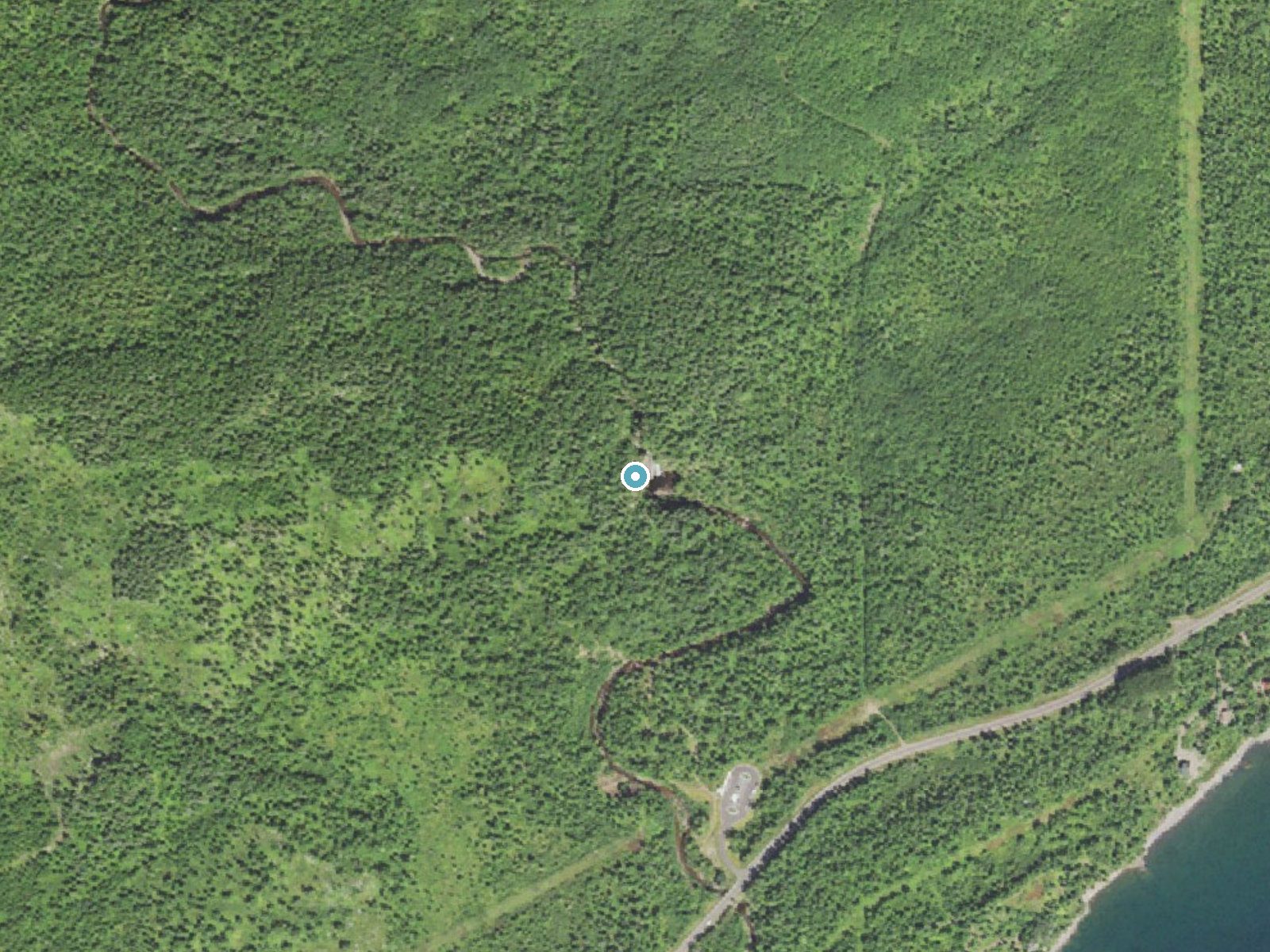 Aerial photo of the same ground around Caribou Falls near Finland, Minnesota, for comparison with the lidar view