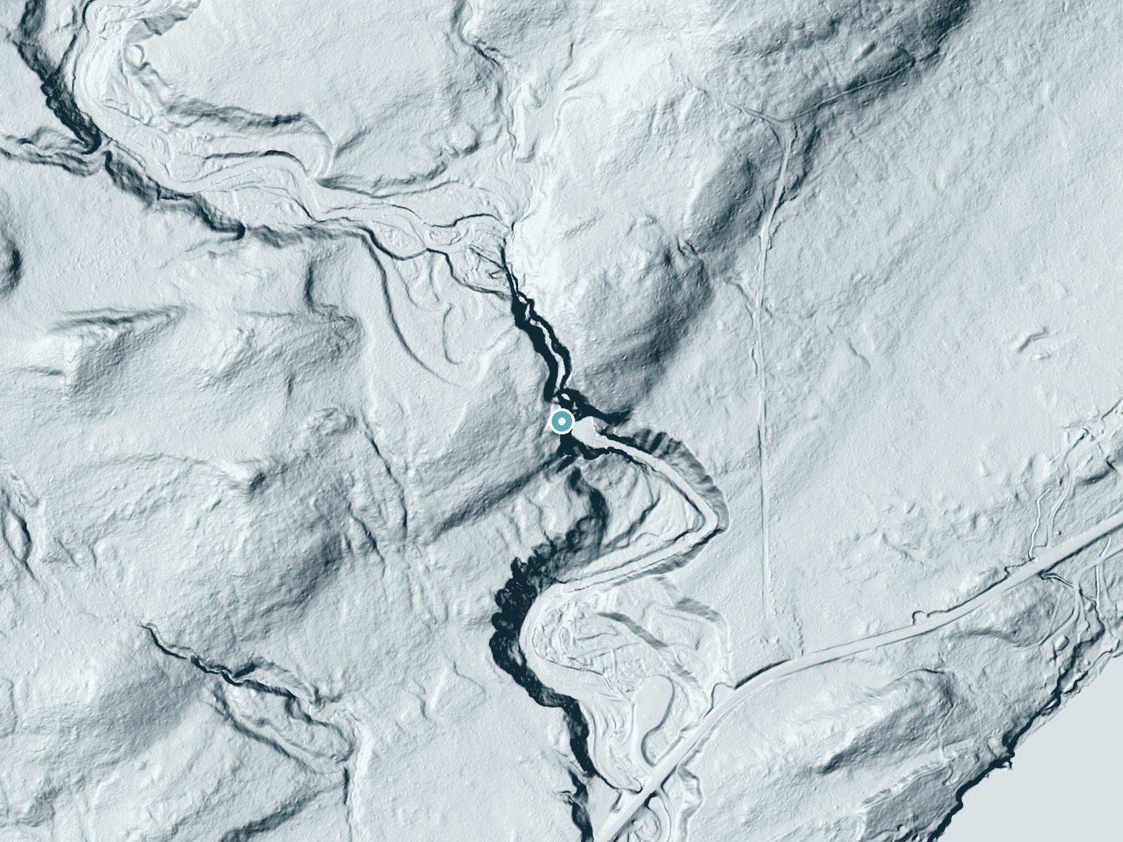 LiDAR bare-earth terrain around Caribou Falls near Finland, Minnesota, showing about 186 feet of drop, a steep tiered drop, facing southeast
