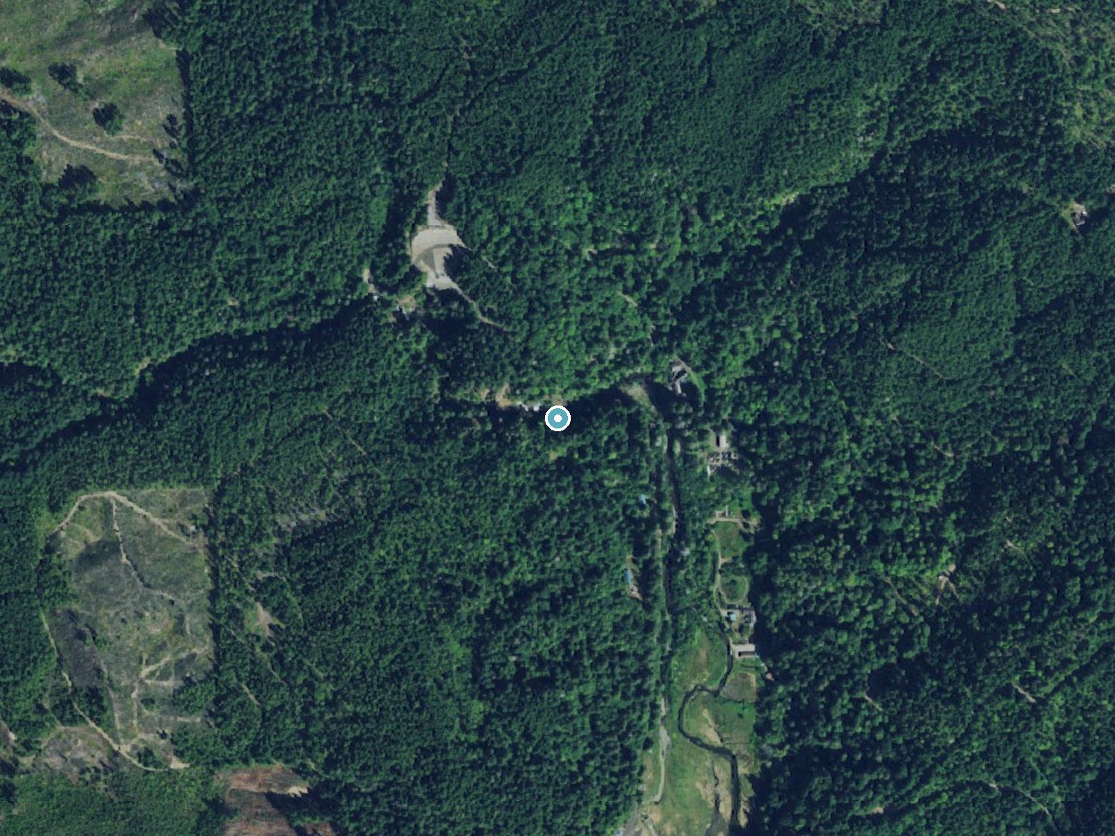 Aerial photo of the same ground around Lilliwaup Falls near Hoodsport, Washington, for comparison with the lidar view