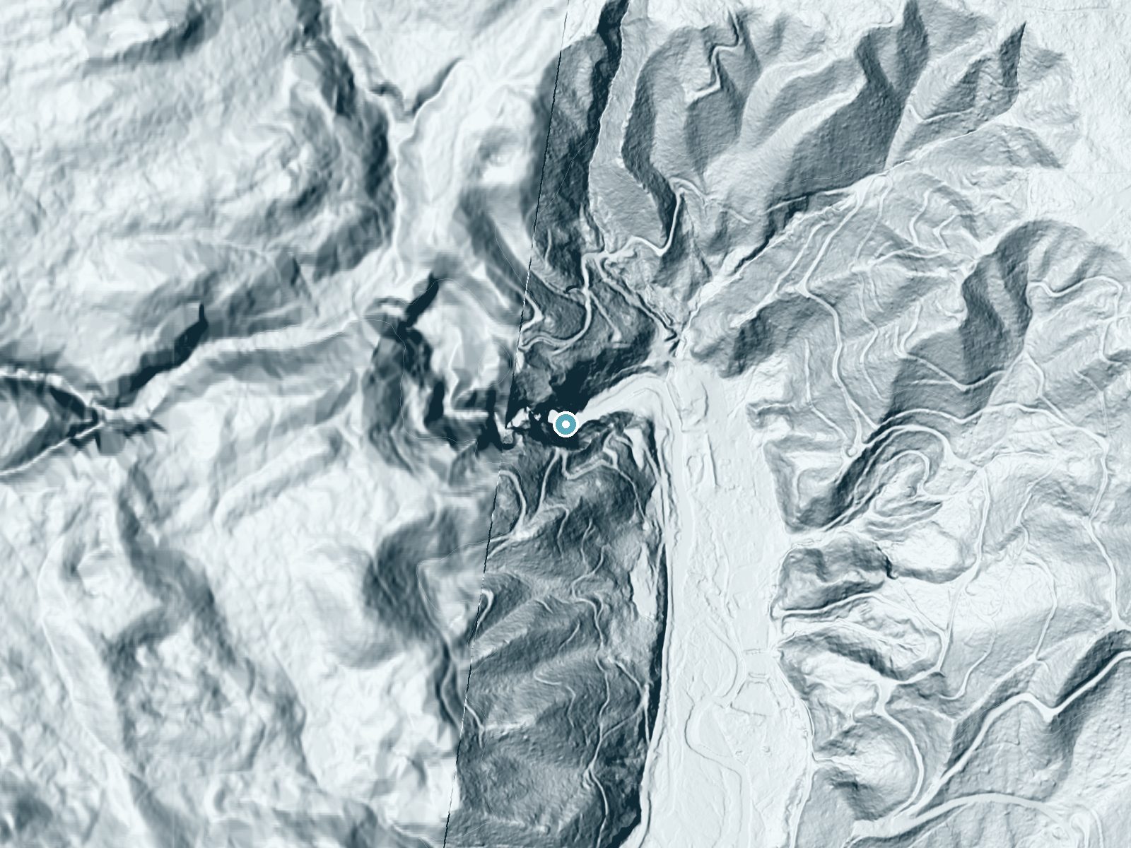 LiDAR bare-earth terrain around Lilliwaup Falls near Hoodsport, Washington, showing about 279 feet of drop, a single sheer drop, facing east