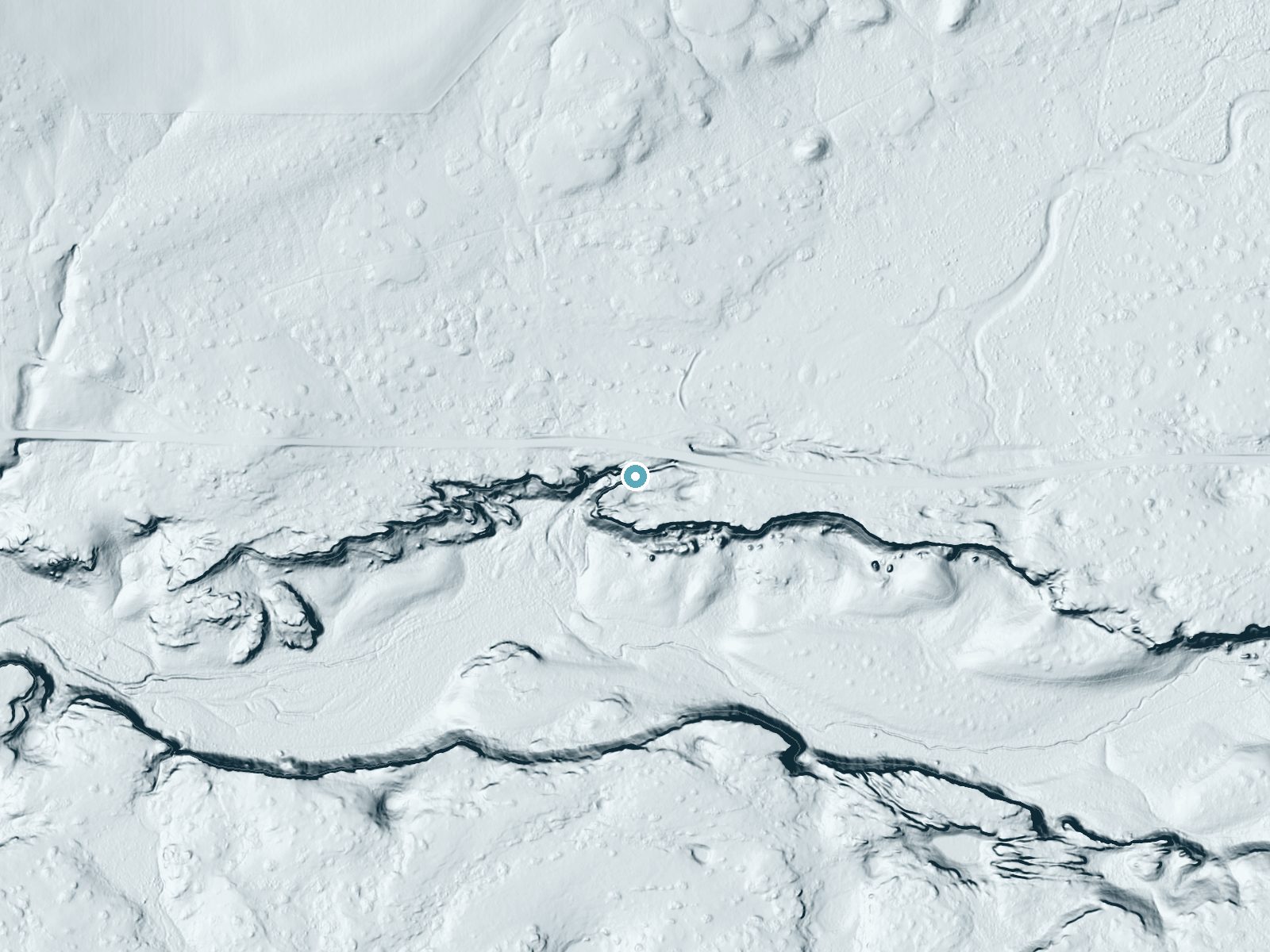 LiDAR bare-earth terrain around Reiser Falls near Krupp, Washington, showing about 67 feet of drop, a long cascade, facing southwest