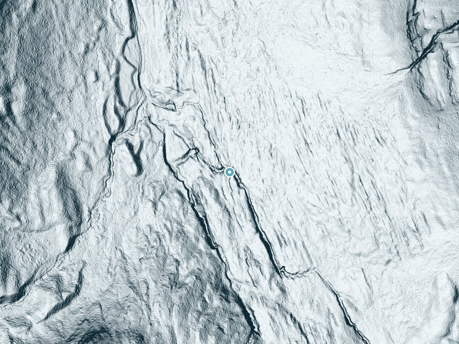 LiDAR bare-earth terrain around Big Salmon Falls near Condon, Montana, showing about 123 feet of drop, a long cascade, facing west