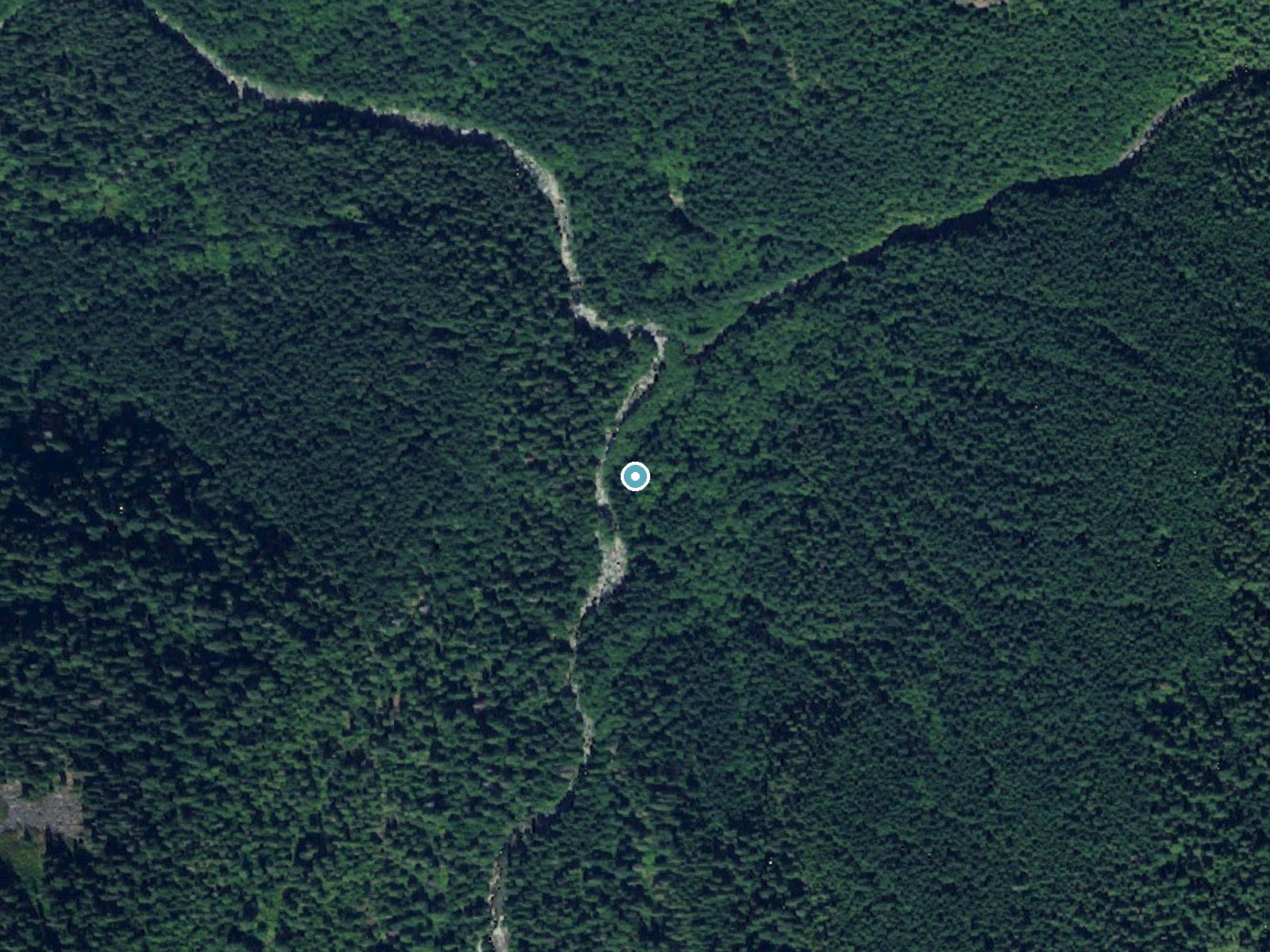 Aerial photo of the same ground around Dingford Creek Falls near Snoqualmie Pass, Washington, for comparison with the lidar view