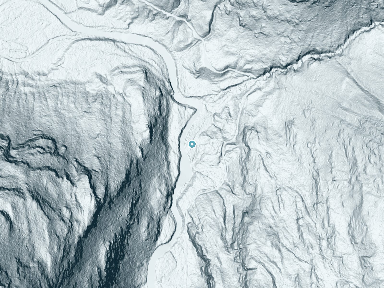 LiDAR bare-earth terrain around Dingford Creek Falls near Snoqualmie Pass, Washington, showing about 88 feet of drop, a steep tiered drop, facing northwest