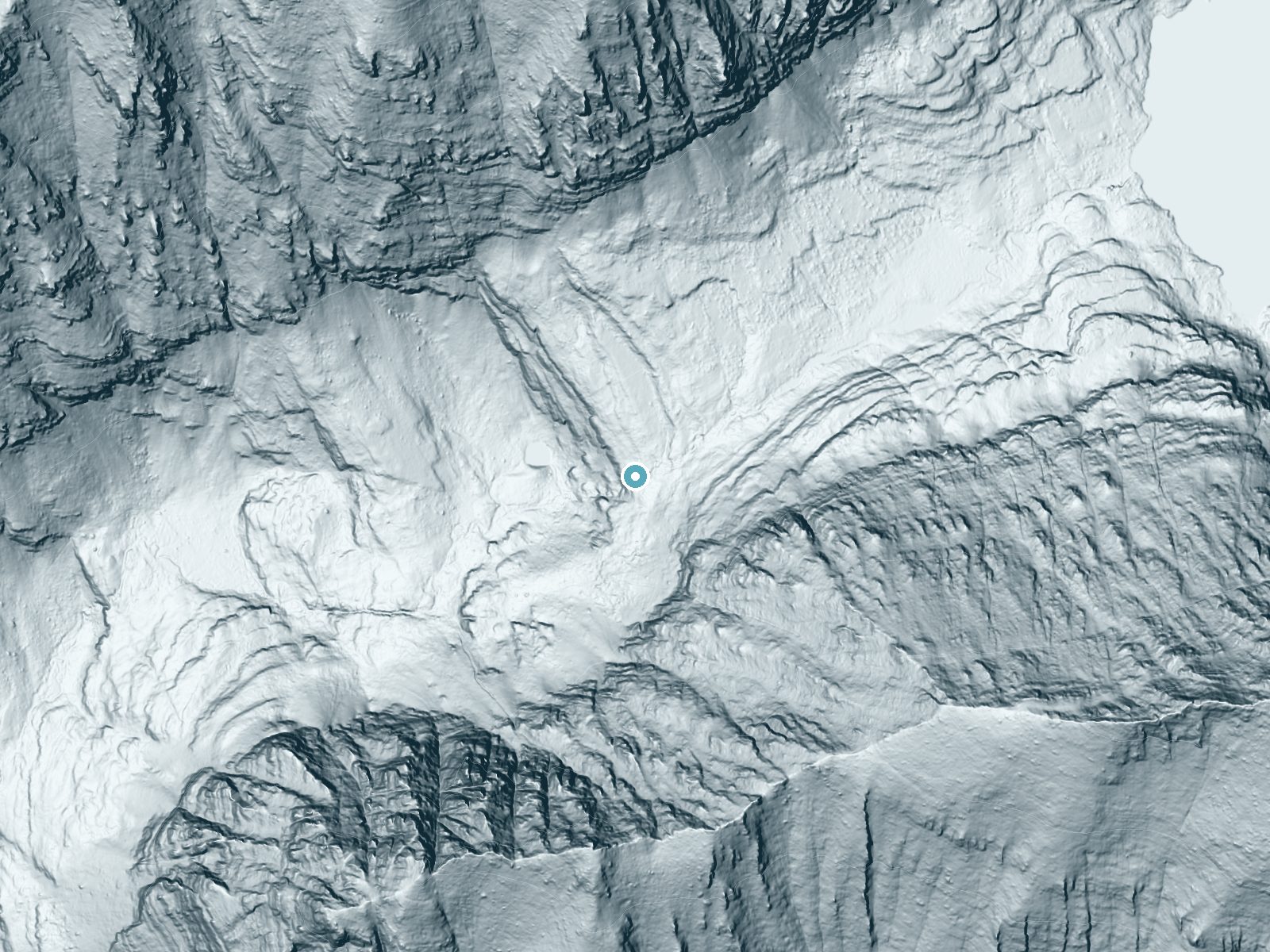 LiDAR bare-earth terrain around Terrace Falls near Ronan, Montana, showing about 285 feet of drop, a steep tiered drop, facing west
