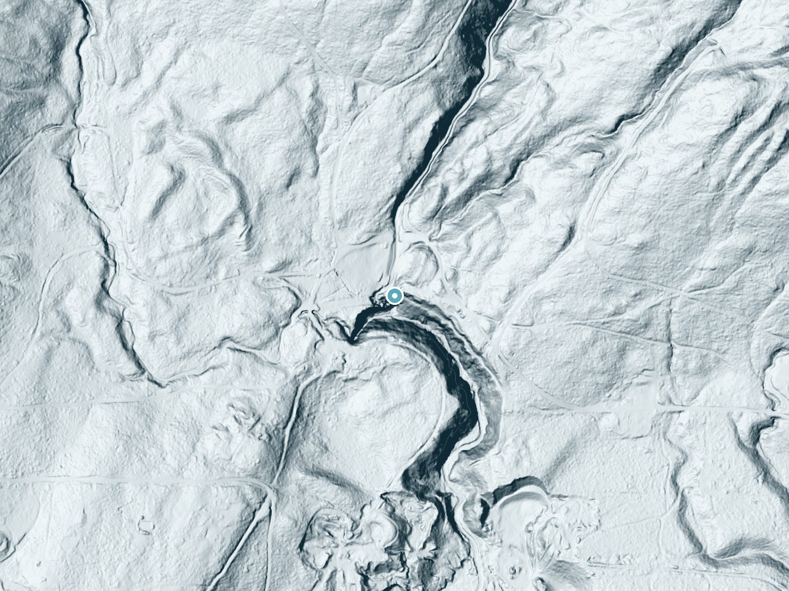 LiDAR bare-earth terrain around McKenna Falls near Gorst, Washington, showing about 147 feet of drop, a steep tiered drop, facing south