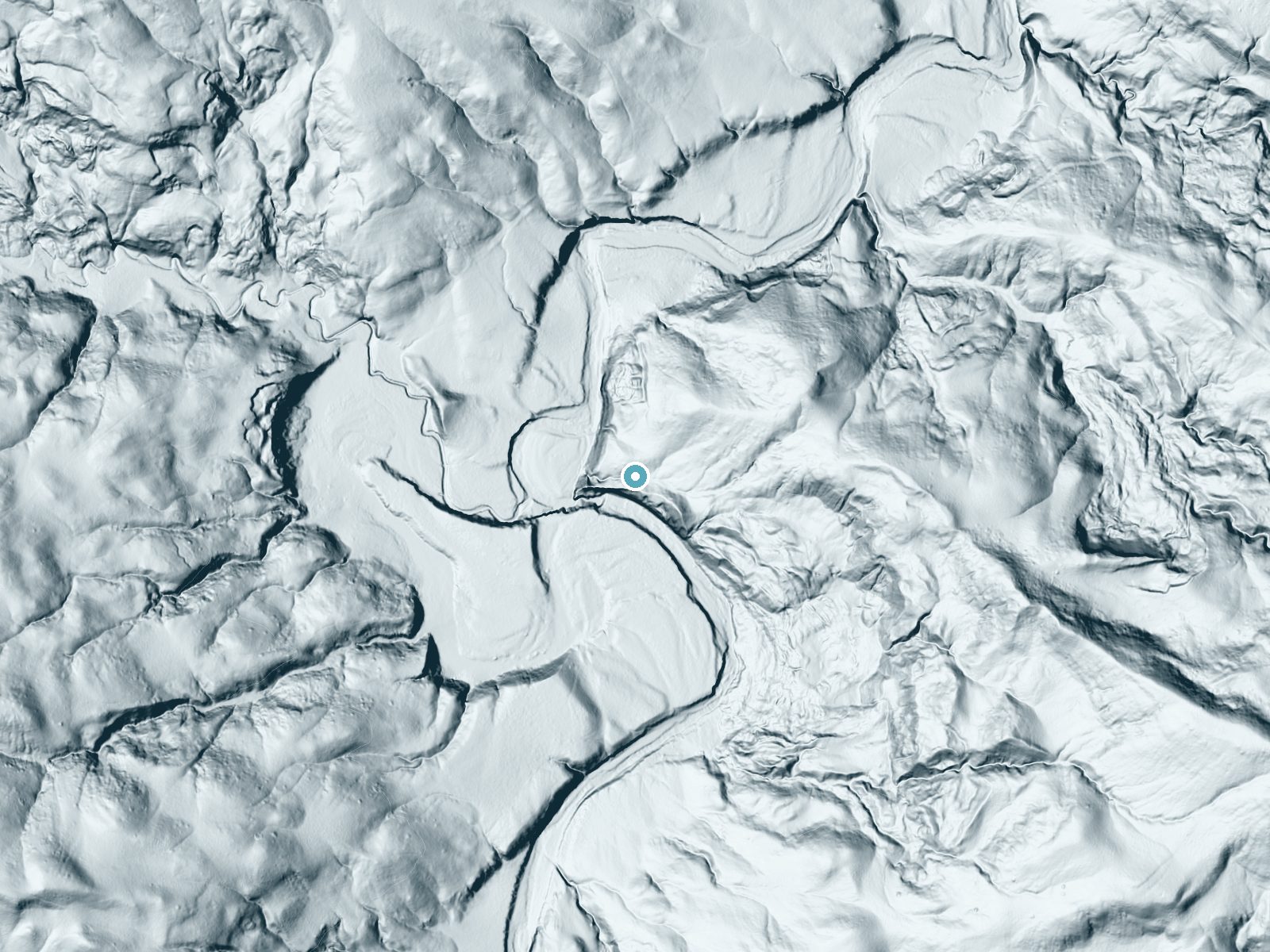 LiDAR bare-earth terrain around Wolf Creek Falls near Winifred, Montana, showing about 107 feet of drop, a steep tiered drop, facing southwest