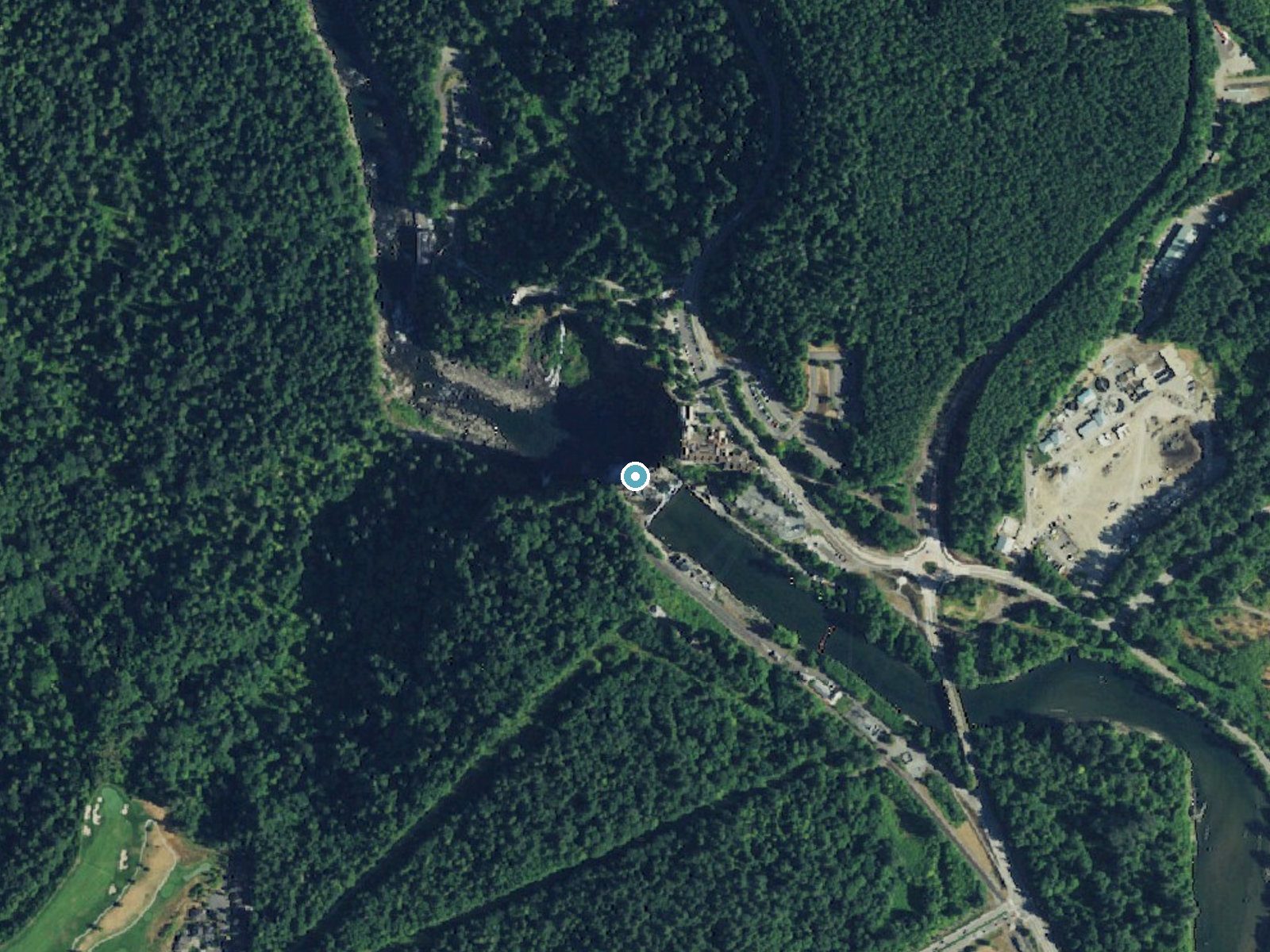 Aerial photo of the same ground around Snoqualmie Falls near Snoqualmie, Washington, for comparison with the lidar view