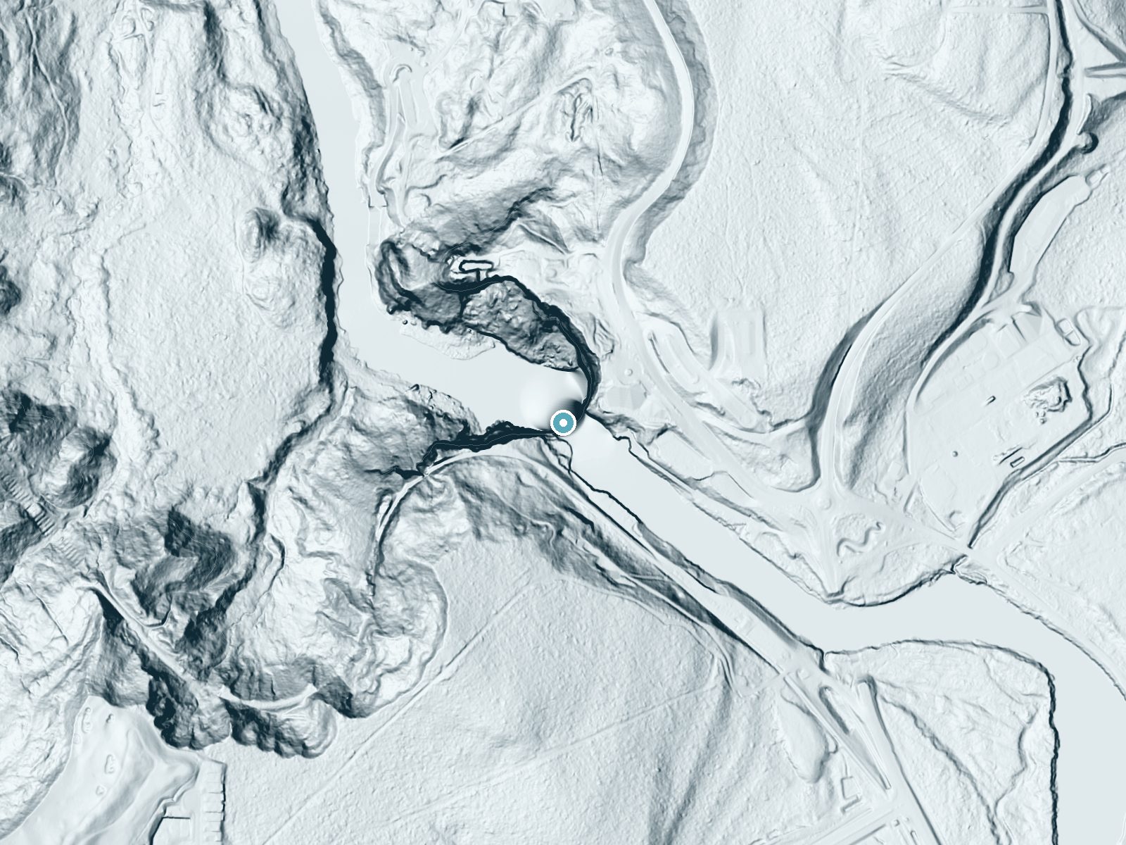 LiDAR bare-earth terrain around Snoqualmie Falls near Snoqualmie, Washington, showing about 354 feet of drop, a single sheer drop, facing northwest