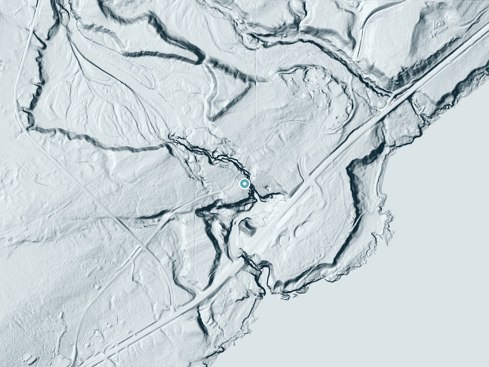 LiDAR bare-earth terrain around Hidden Falls near Lutsen, Minnesota, showing about 98 feet of drop, a steep tiered drop, facing southeast