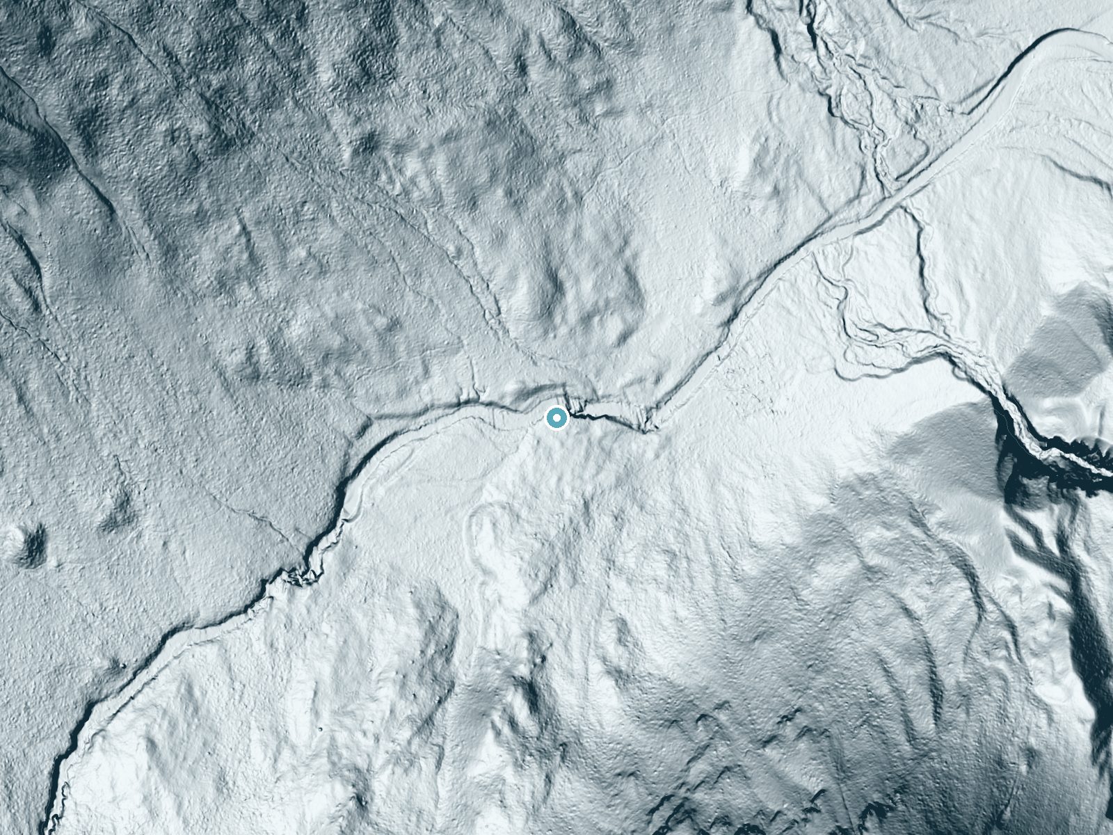 LiDAR bare-earth terrain around Barrier Falls near Condon, Montana, showing about 56 feet of drop, a long cascade, facing east