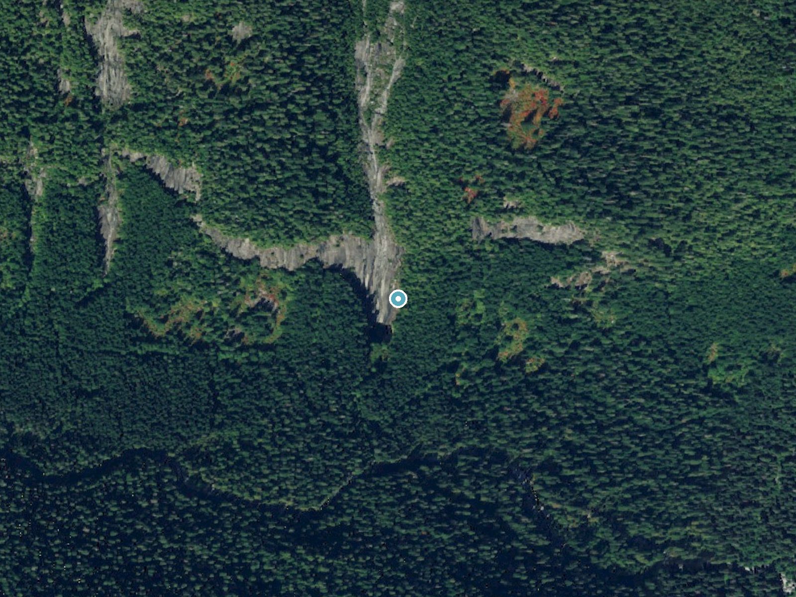 Aerial photo of the same ground around Otter Falls near Baring, Washington, for comparison with the lidar view