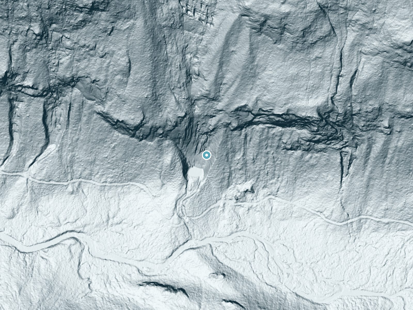 LiDAR bare-earth terrain around Otter Falls near Baring, Washington, showing about 315 feet of drop, a steep tiered drop, facing southwest