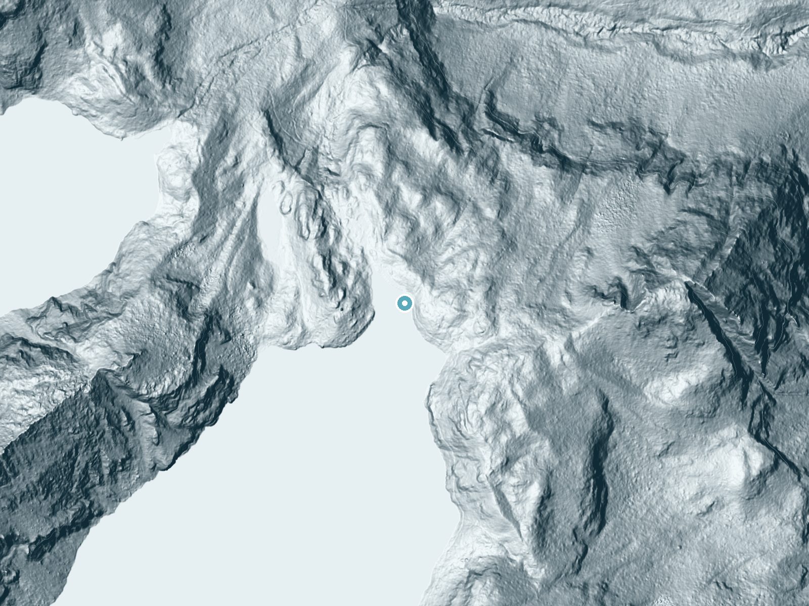 LiDAR bare-earth terrain around Malachite Falls near Skykomish, Washington, showing about 83 feet of drop, a long cascade, facing west