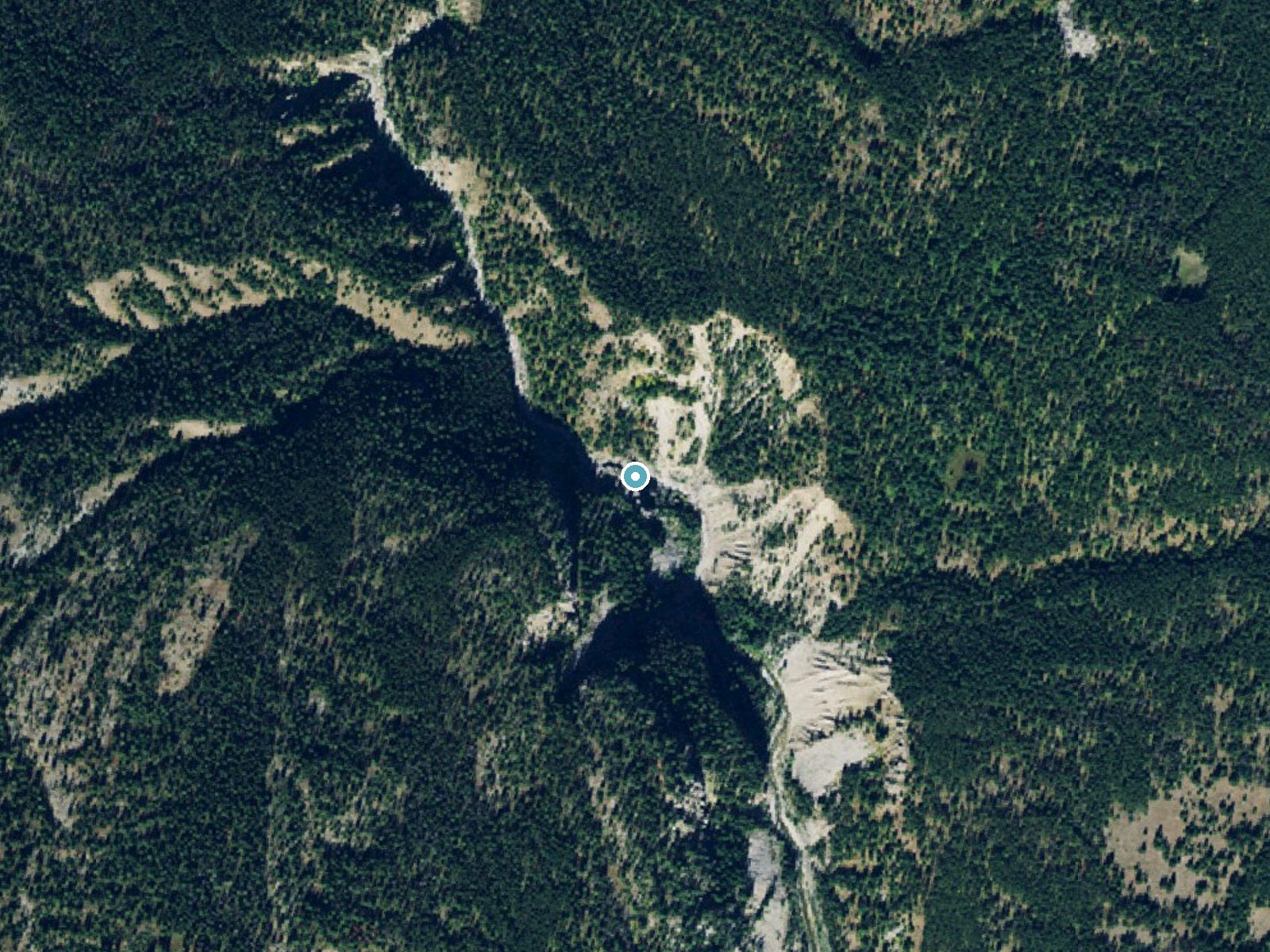 Aerial photo of the same ground around Needle Falls near Condon, Montana, for comparison with the lidar view