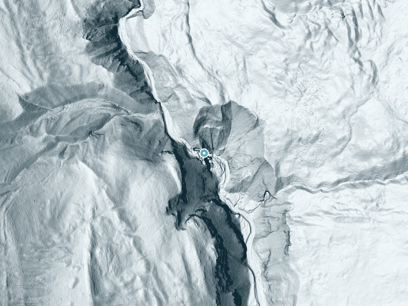 LiDAR bare-earth terrain around Needle Falls near Condon, Montana, showing about 281 feet of drop, a single sheer drop, facing east