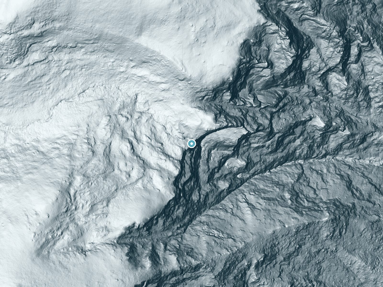 LiDAR bare-earth terrain around Drury Falls near Leavenworth, Washington, showing about 648 feet of drop, a single sheer drop, facing southeast