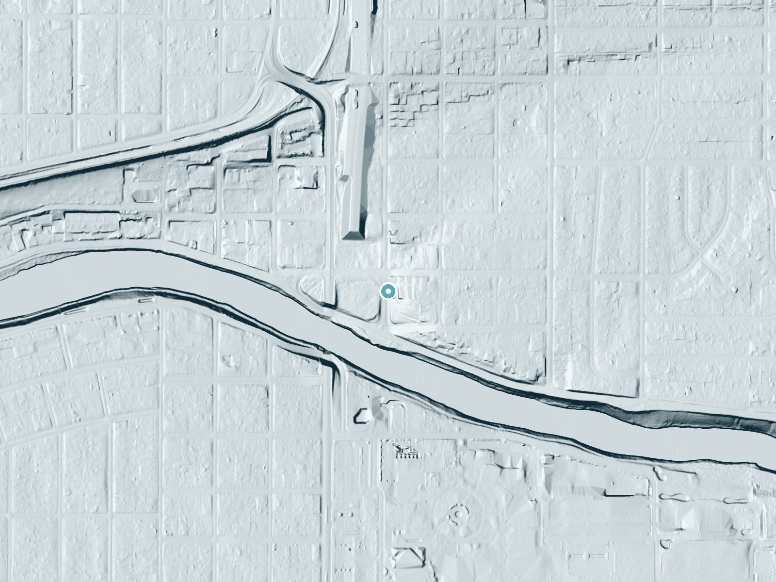 LiDAR bare-earth terrain around Hn(wa'(we'elshn (historical) near Spokane, Washington, showing about 37 feet of drop, a long cascade, facing southwest