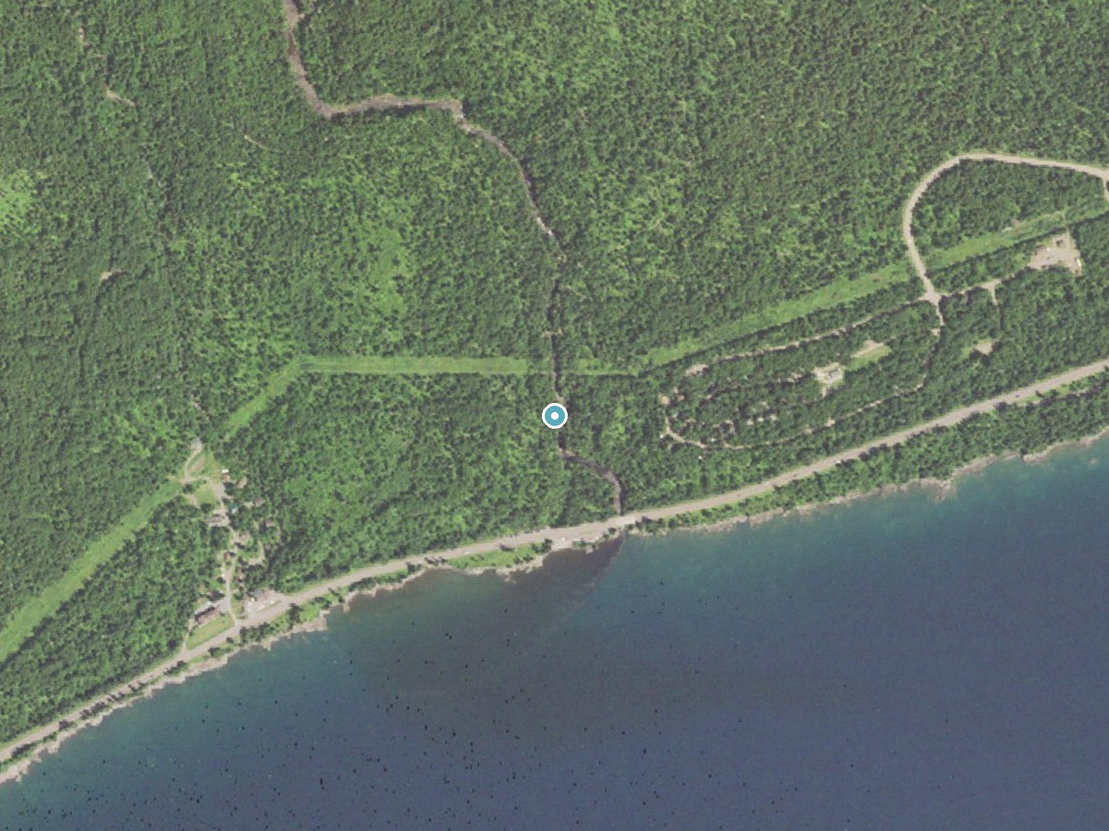 Aerial photo of the same ground around Cascade Falls near Lutsen, Minnesota, for comparison with the lidar view