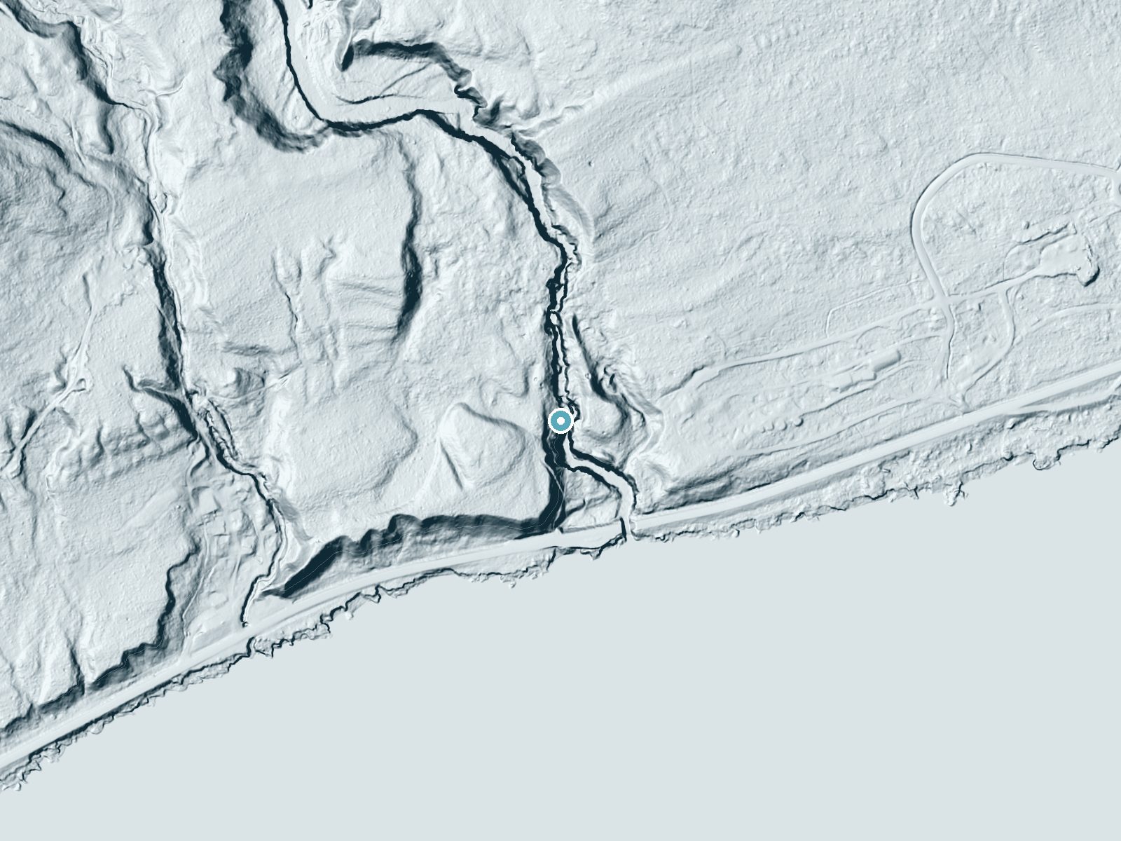 LiDAR bare-earth terrain around Cascade Falls near Lutsen, Minnesota, showing about 103 feet of drop, a steep tiered drop, facing southeast