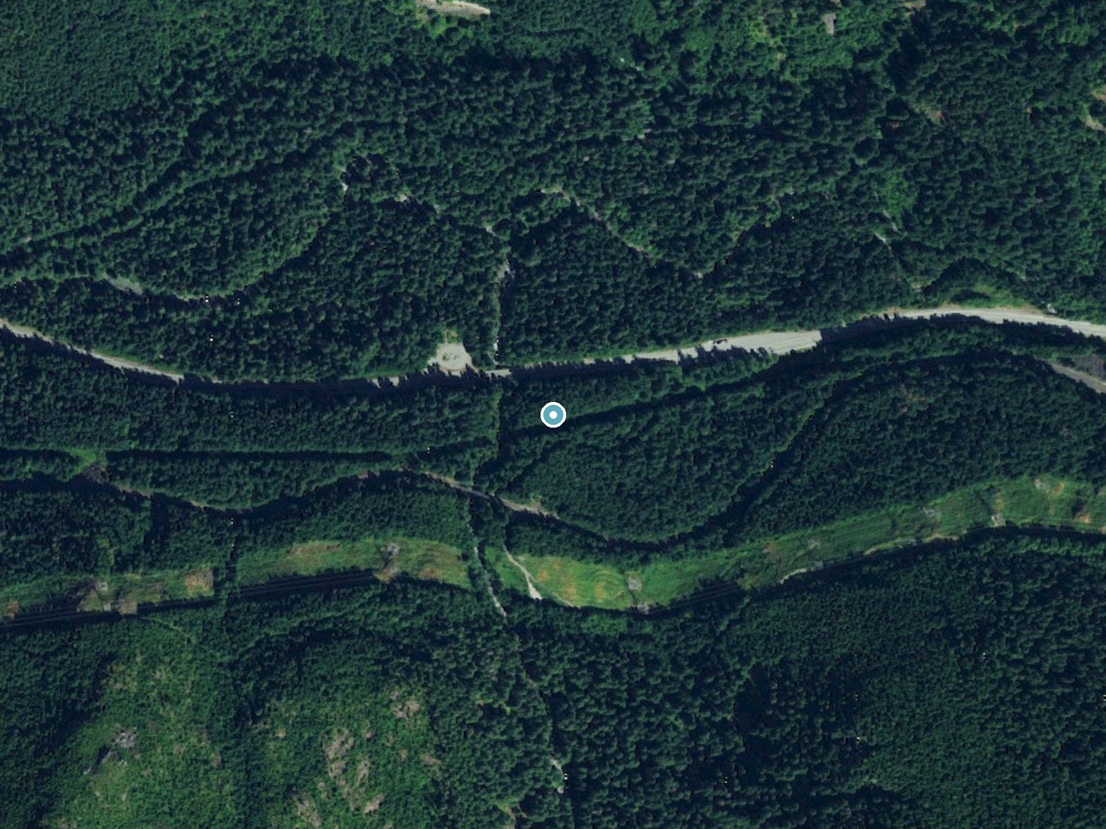 Aerial photo of the same ground around Deception Falls near Skykomish, Washington, for comparison with the lidar view