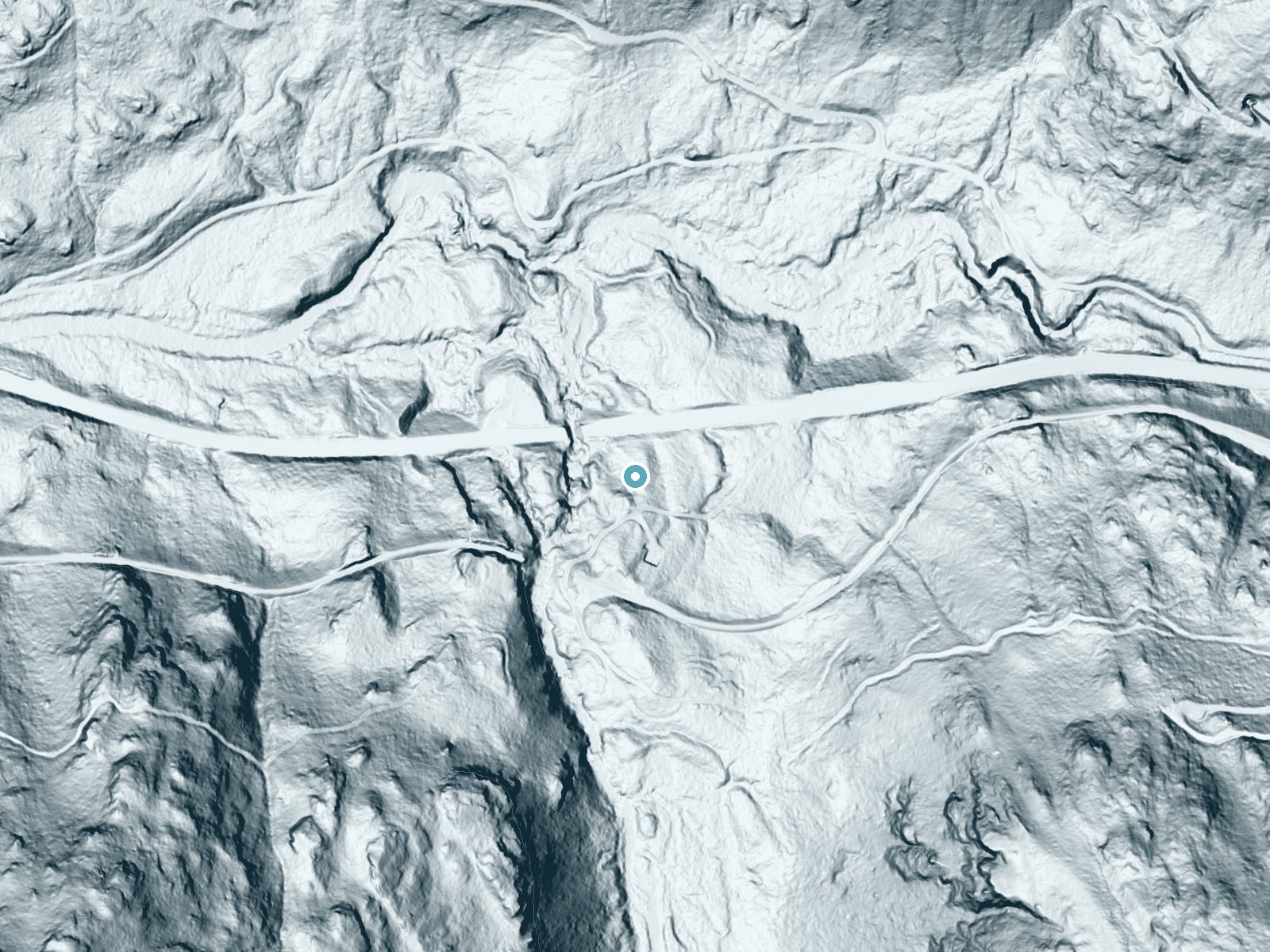 LiDAR bare-earth terrain around Deception Falls near Skykomish, Washington, showing about 122 feet of drop, a long cascade, facing north