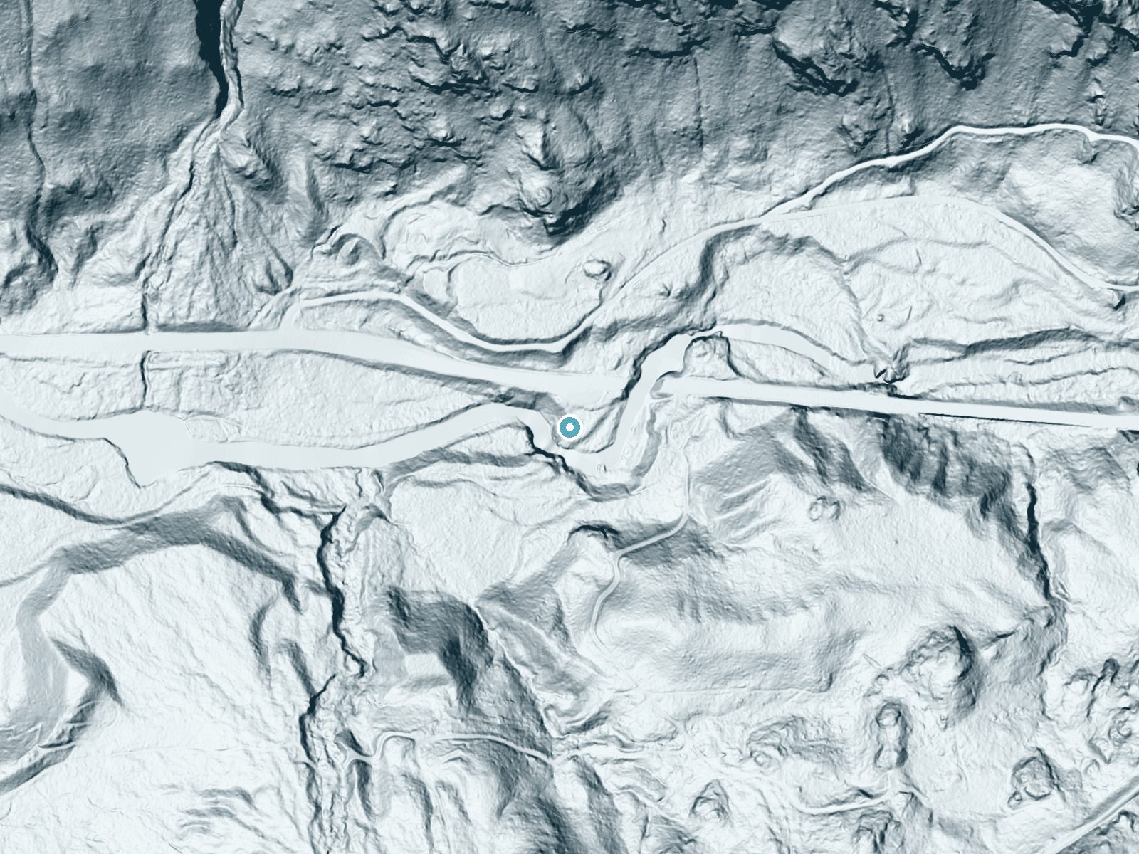 LiDAR bare-earth terrain around Alpine Falls near Skykomish, Washington, showing about 81 feet of drop, a steep tiered drop, facing west