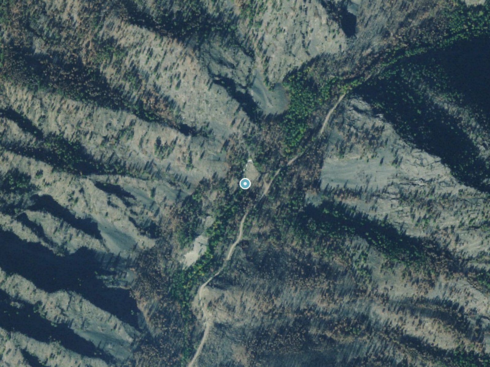 Aerial photo of the same ground around Graves Creek Falls near Thompson Falls, Montana, for comparison with the lidar view
