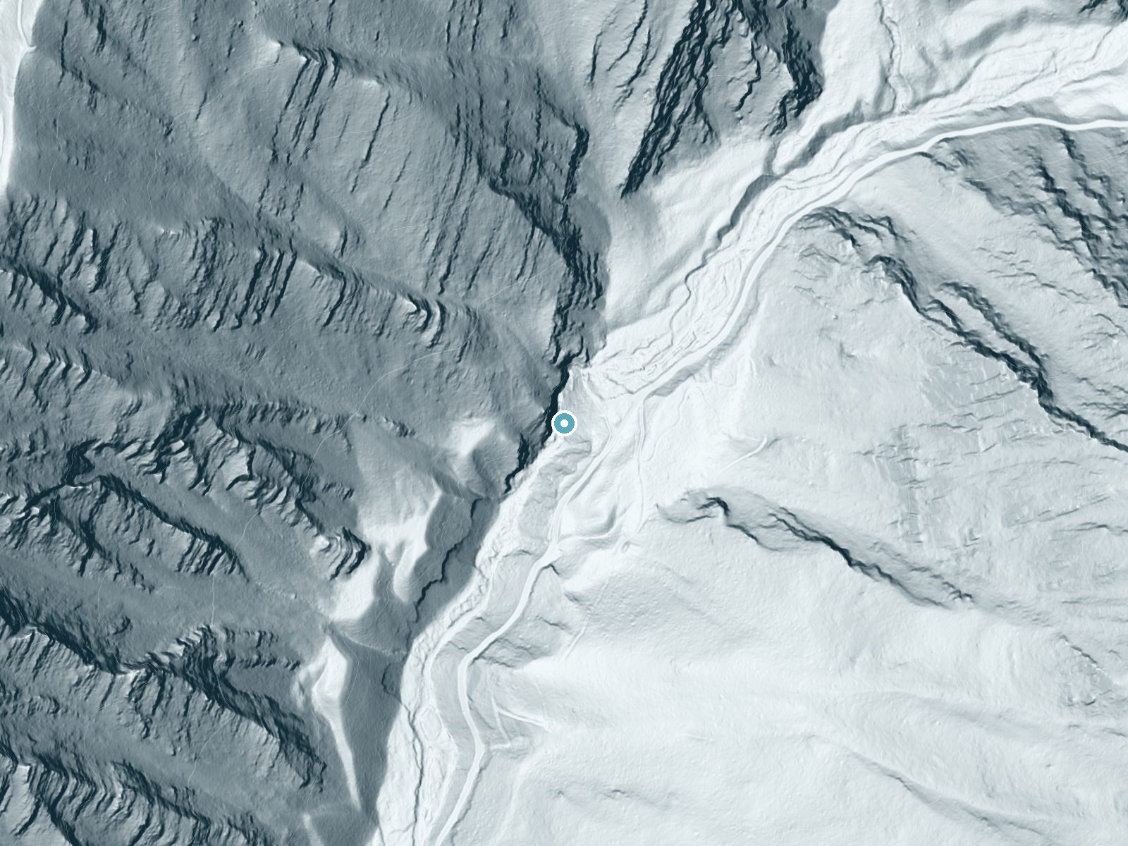 LiDAR bare-earth terrain around Graves Creek Falls near Thompson Falls, Montana, showing about 210 feet of drop, a steep tiered drop, facing south