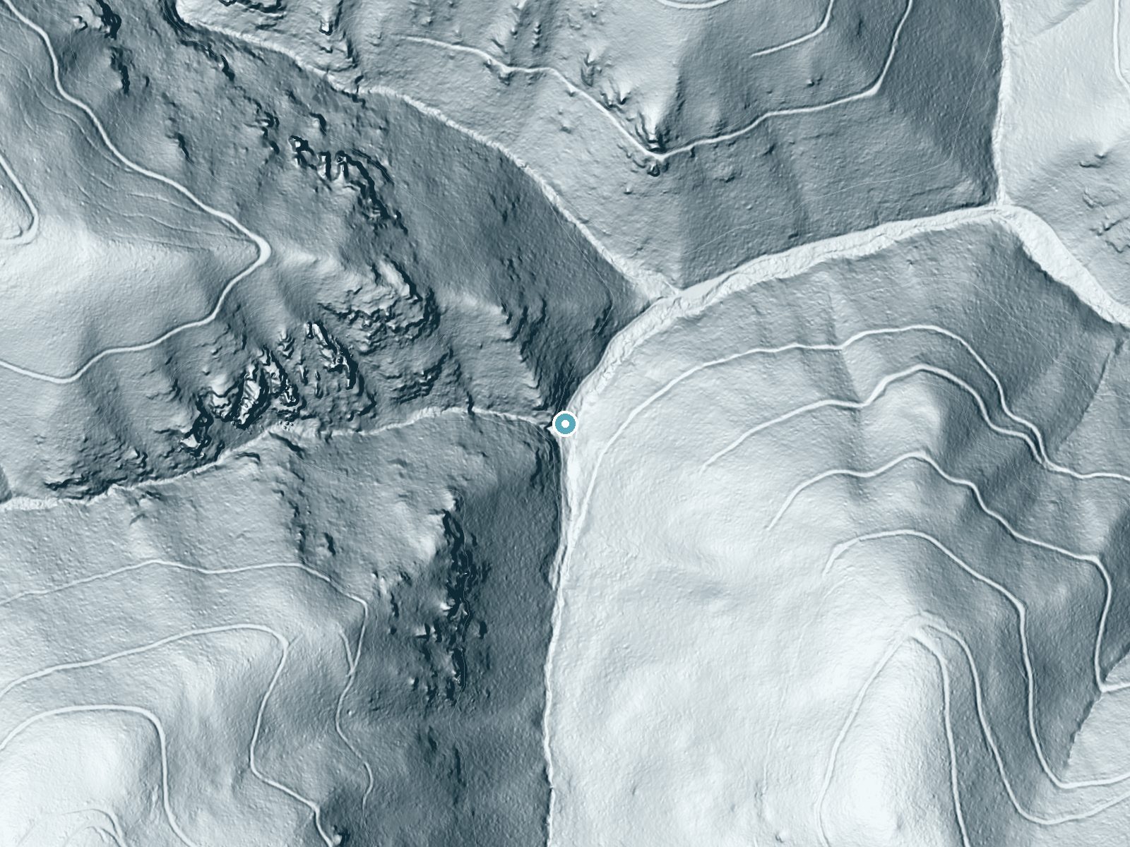 LiDAR bare-earth terrain around Fern Falls near Kellogg, Idaho, showing about 194 feet of drop, a long cascade, facing east