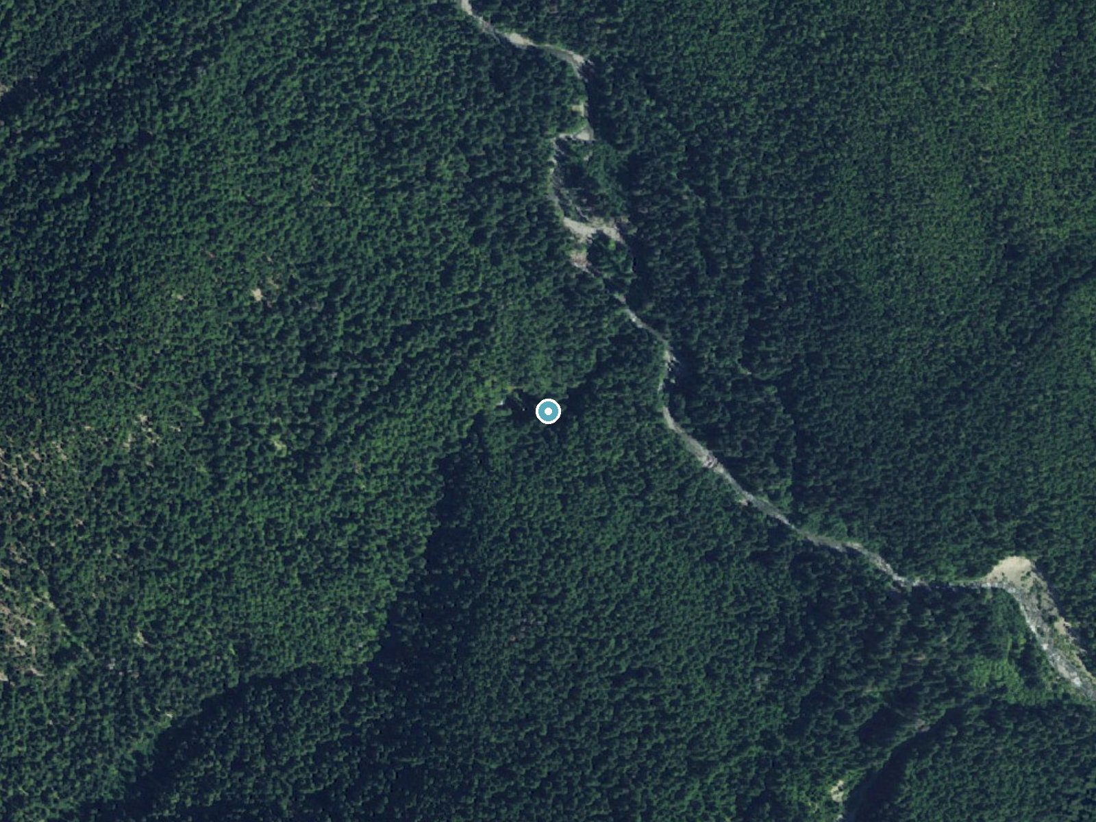 Aerial view of the ground around Hatana Falls near Quilcene, Washington