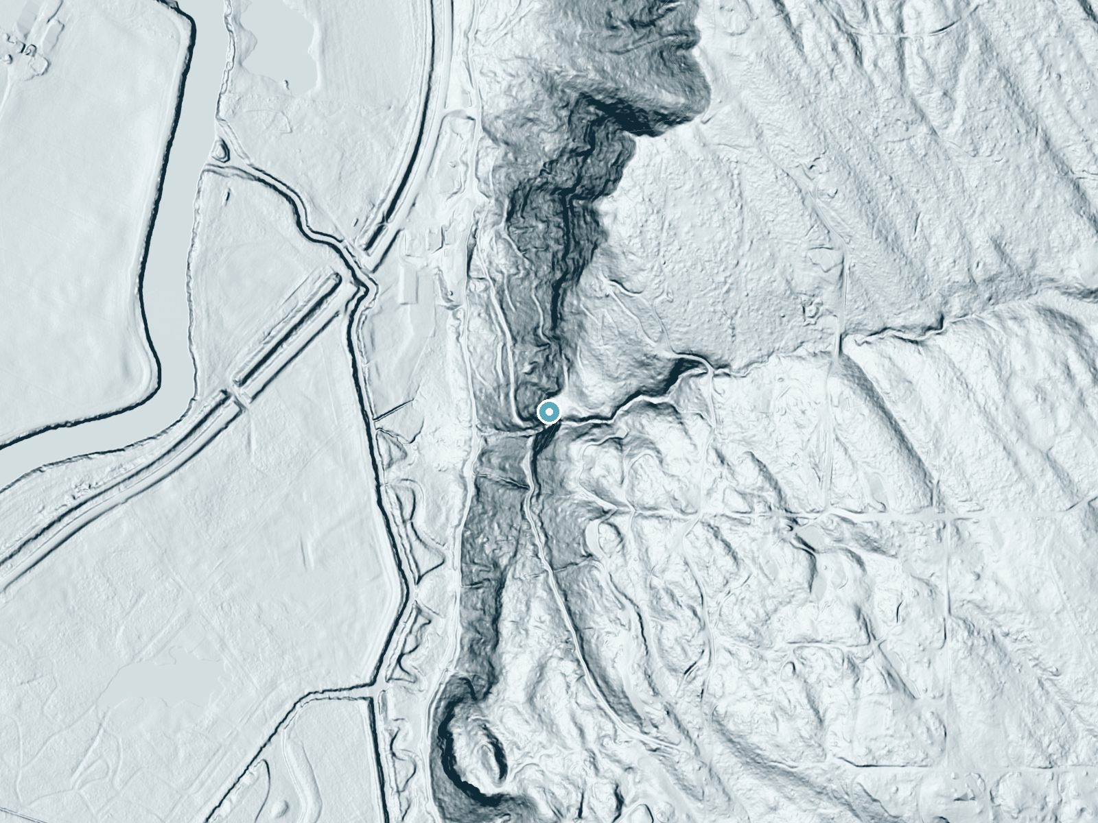LiDAR bare-earth terrain around McCauley Falls near Duvall, Washington, showing about 311 feet of drop, a steep tiered drop, facing west