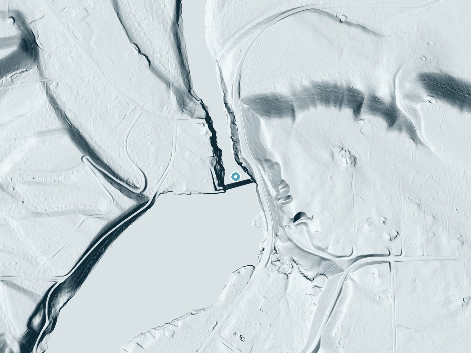 LiDAR bare-earth terrain around Nine Mile Falls near Suncrest, Washington, showing about 92 feet of drop, a steep tiered drop, facing northwest