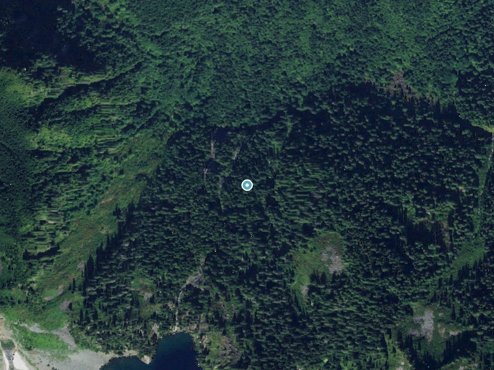 Aerial photo of the same ground around Bridal Veil Falls near Baring, Washington, for comparison with the lidar view