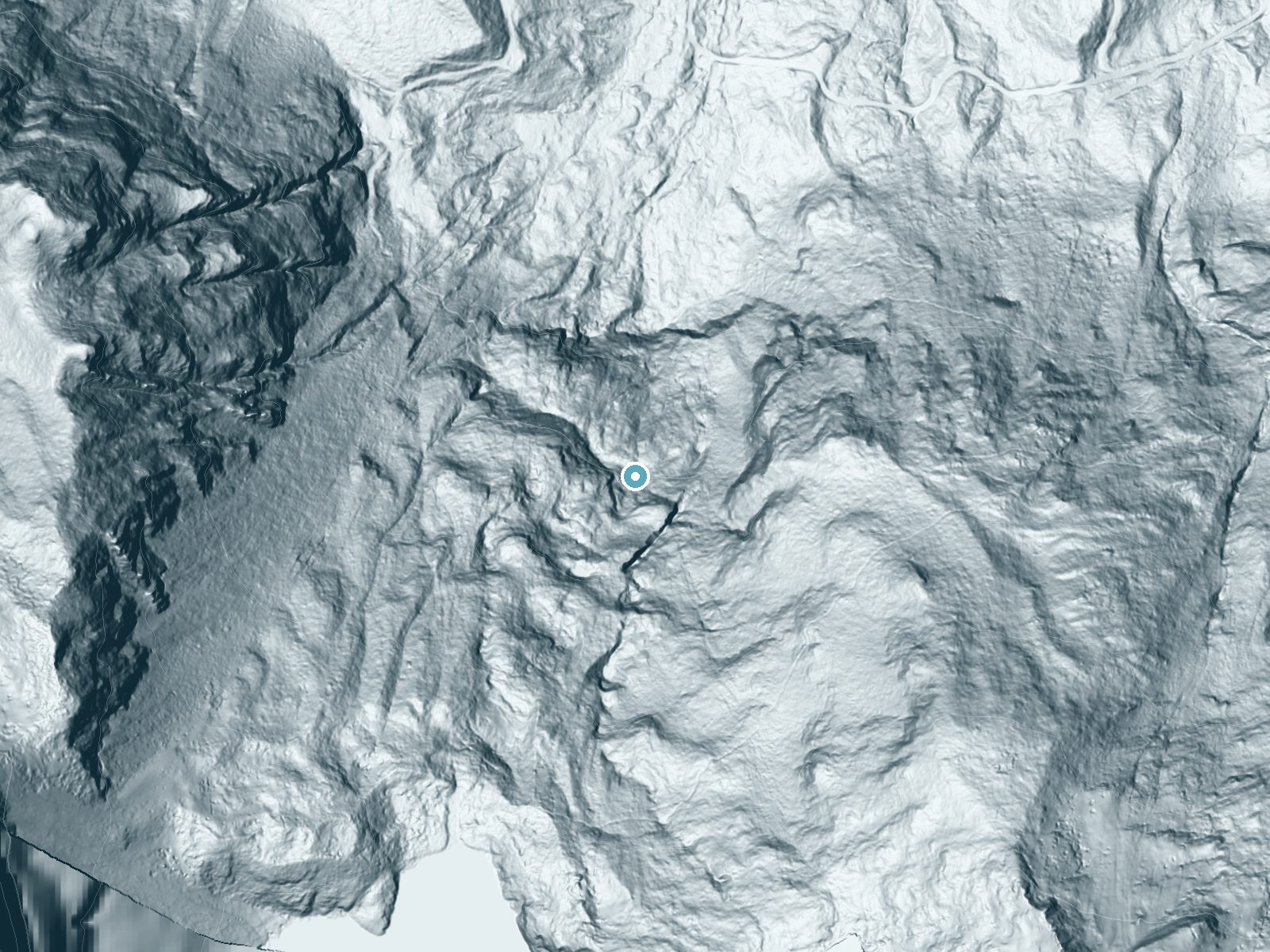 LiDAR bare-earth terrain around Bridal Veil Falls near Baring, Washington, showing about 364 feet of drop, a steep tiered drop, facing north