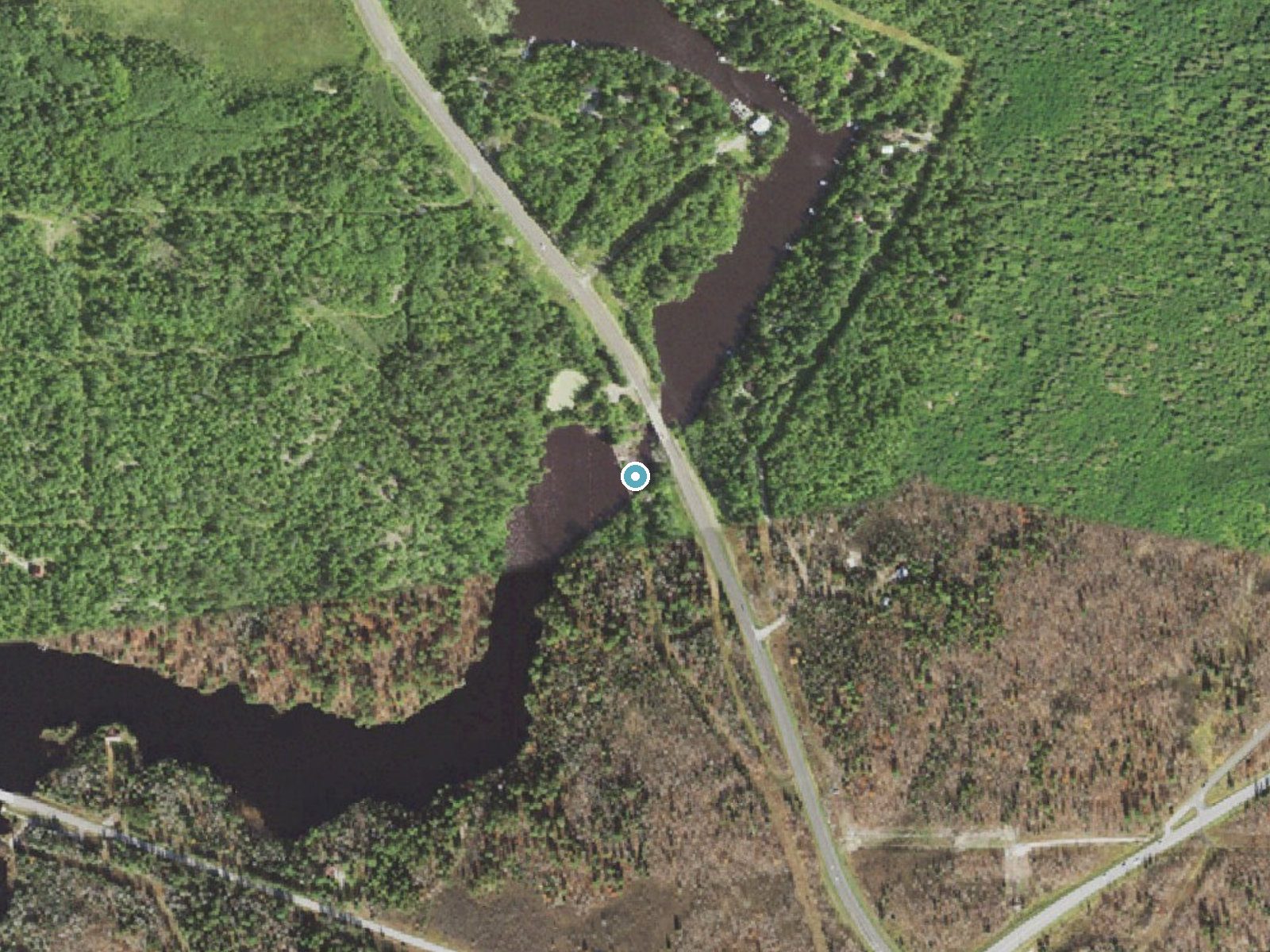 Aerial photo of the same ground around Pike River Falls near Tower, Minnesota, for comparison with the lidar view