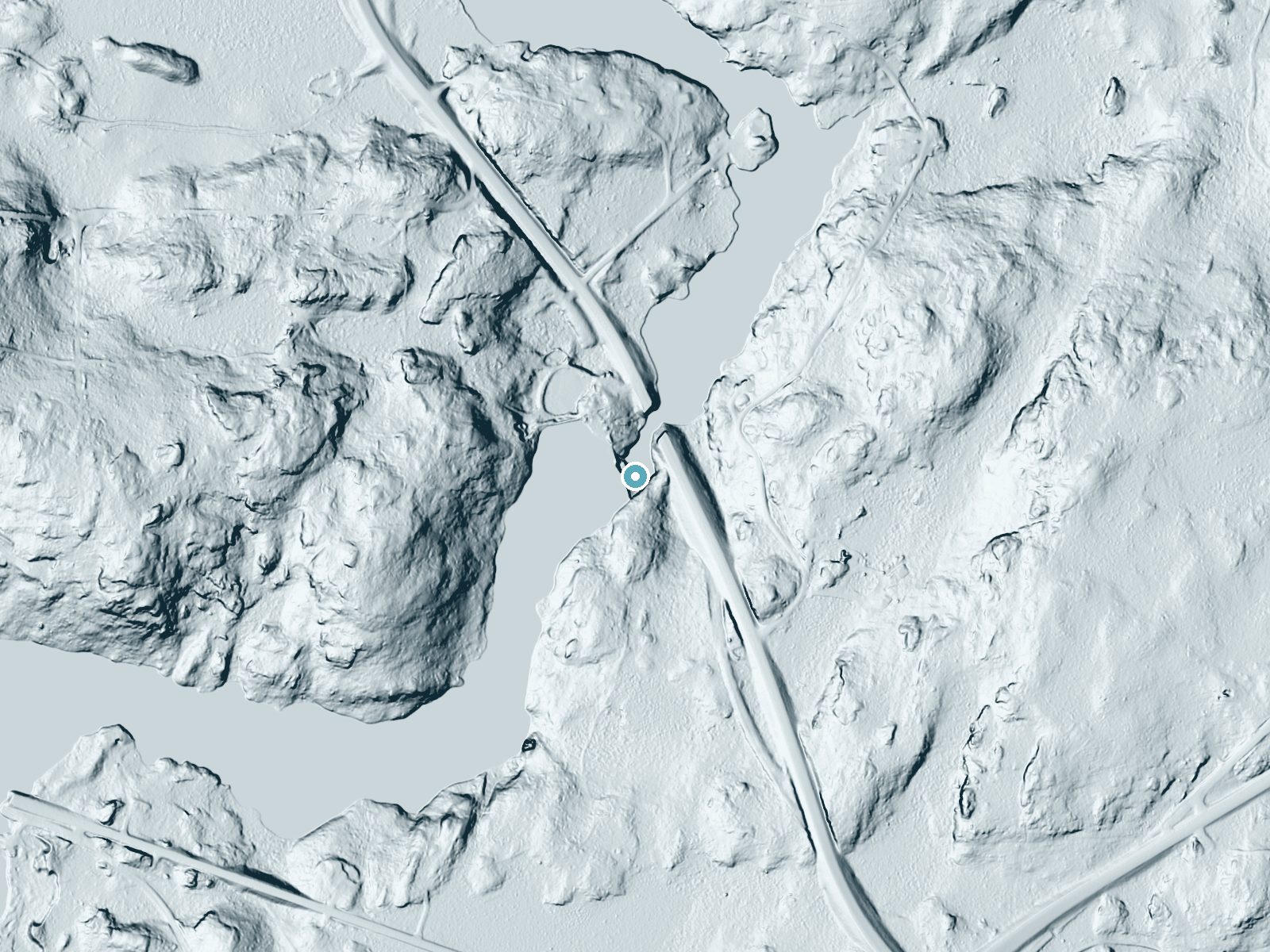 LiDAR bare-earth terrain around Pike River Falls near Tower, Minnesota, showing about 44 feet of drop, a long cascade, facing north