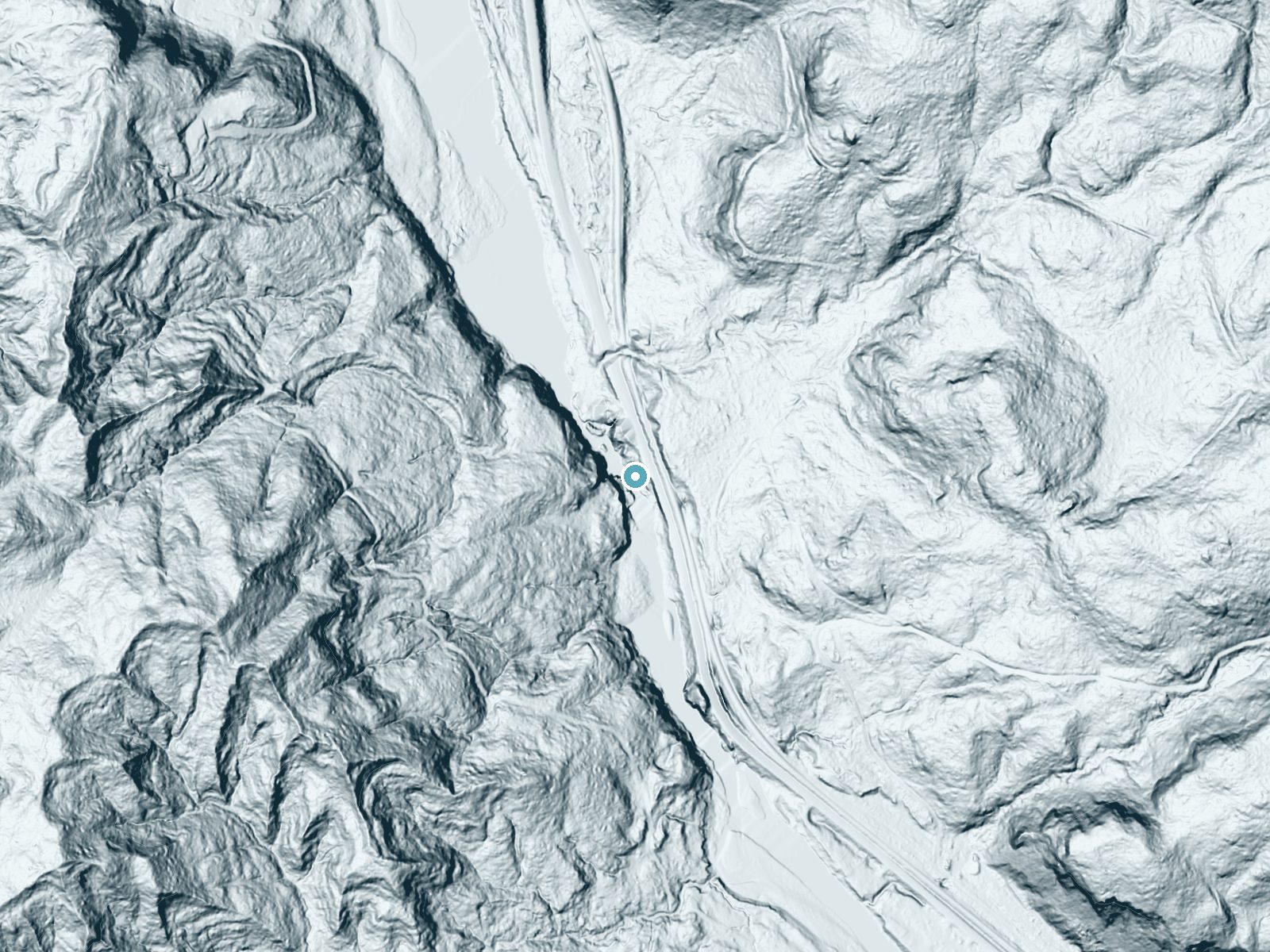 LiDAR bare-earth terrain around Eagle Falls near Baring, Washington, showing about 94 feet of drop, a steep tiered drop, facing west