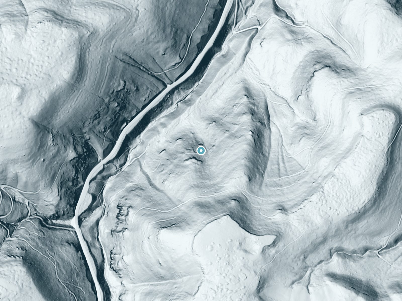LiDAR bare-earth terrain around Hawk Creek Falls near Creston, Washington, showing about 241 feet of drop, a steep tiered drop, facing north
