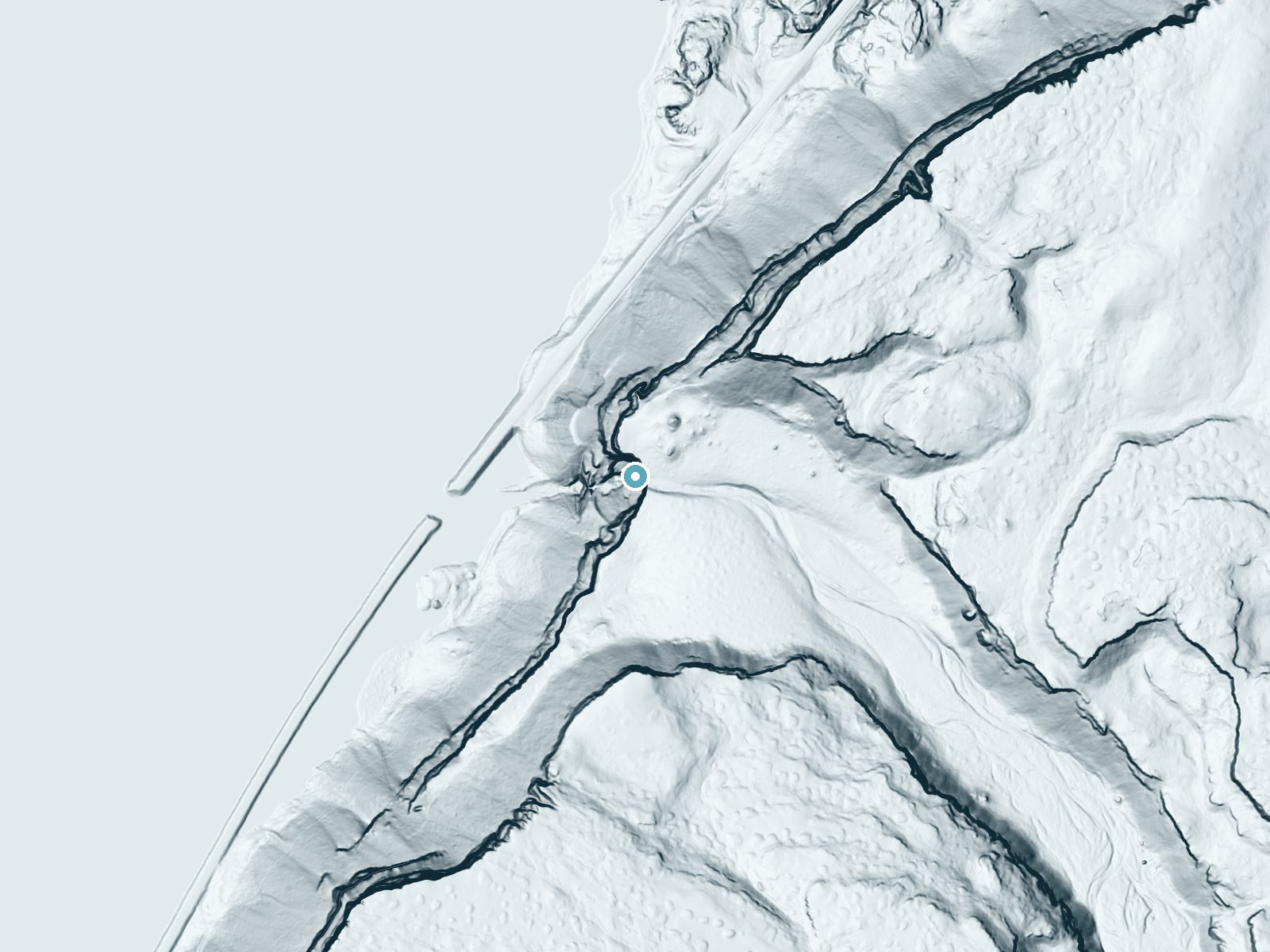 LiDAR bare-earth terrain around Martin Falls near Electric City, Washington, showing about 443 feet of drop, a single sheer drop, facing west