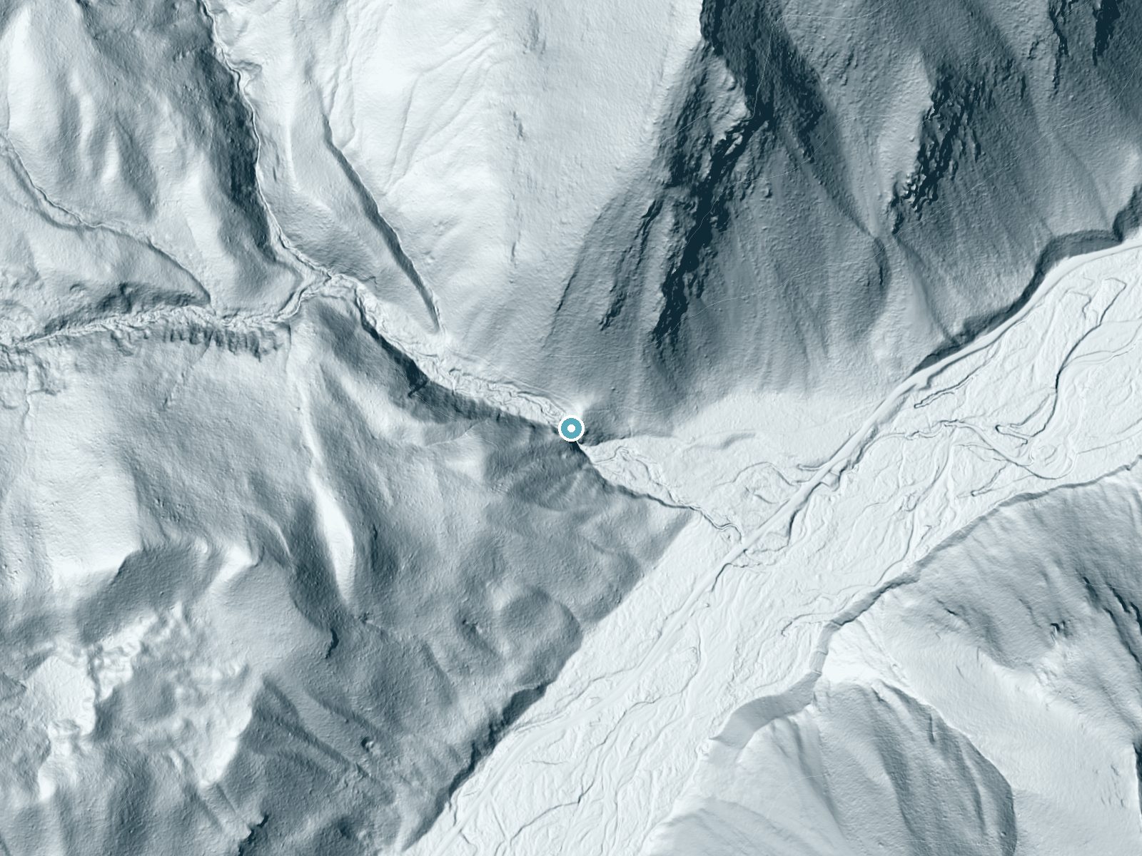 LiDAR bare-earth terrain around Mill Falls near Rockport Colony, Montana, showing about 166 feet of drop, a steep tiered drop, facing southeast