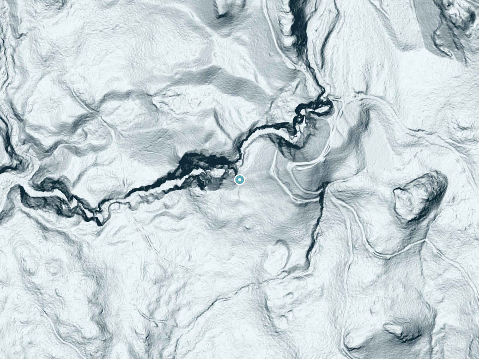 LiDAR bare-earth terrain around Wallace Falls near May Creek, Washington, showing about 402 feet of drop, a steep tiered drop, facing west