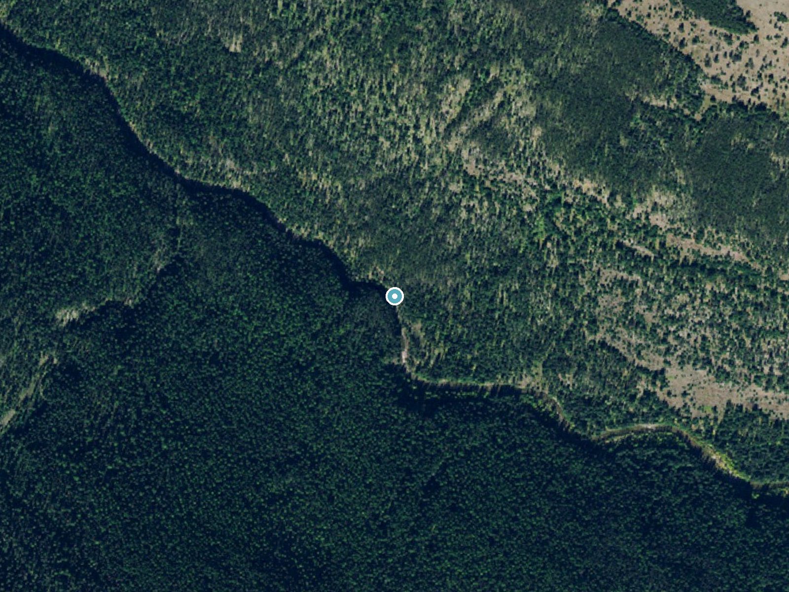 Aerial photo of the same ground around Dean Falls near Swan Lake, Montana, for comparison with the lidar view